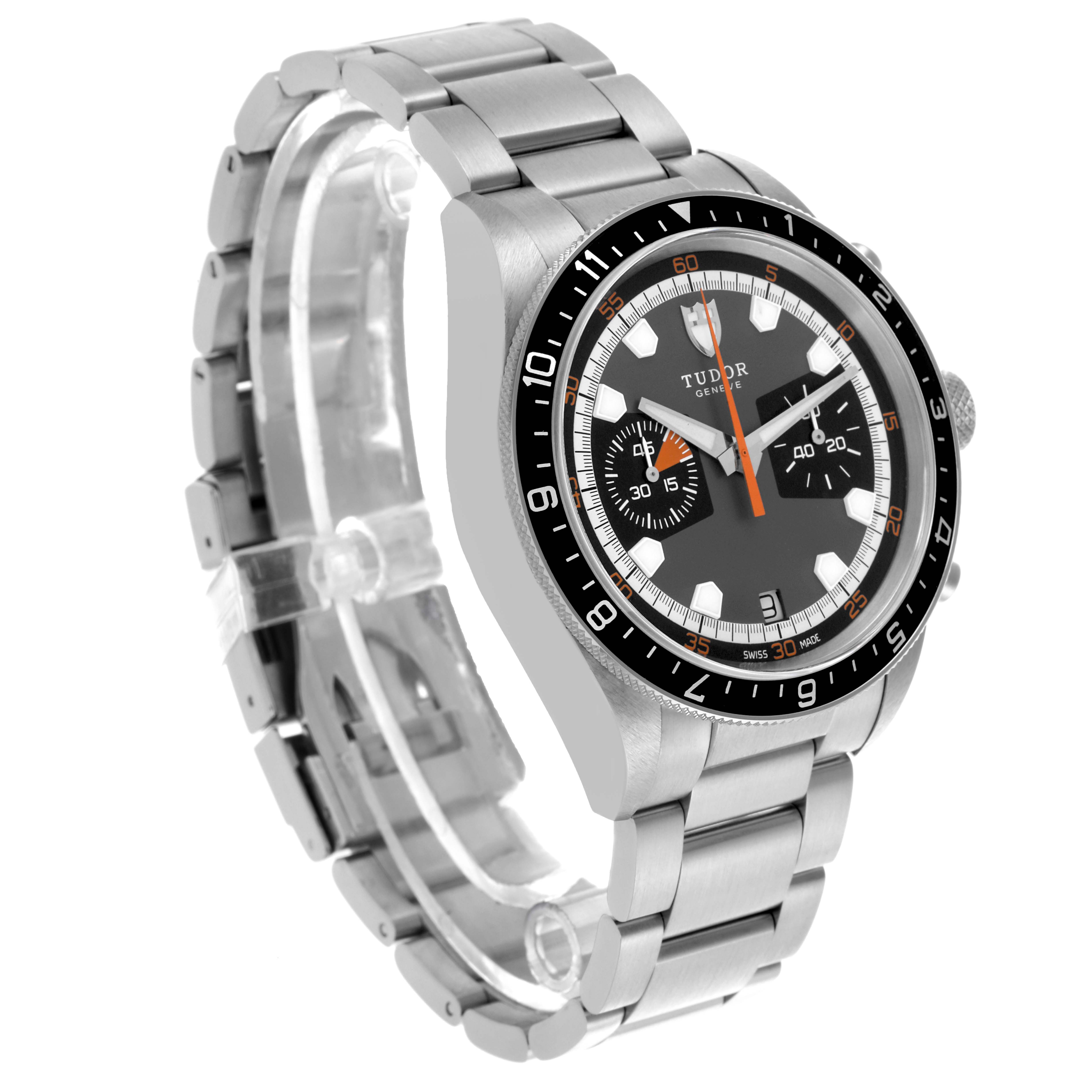 The Tudor Heritage Chrono 70330N-65740 Men's Stainless Steel Grey Dial 70330N-65740 Men's Stainless Steel Grey Dial watch is shown at a three-quarter angle, highlighting the dial, bezel, and metal bracelet.