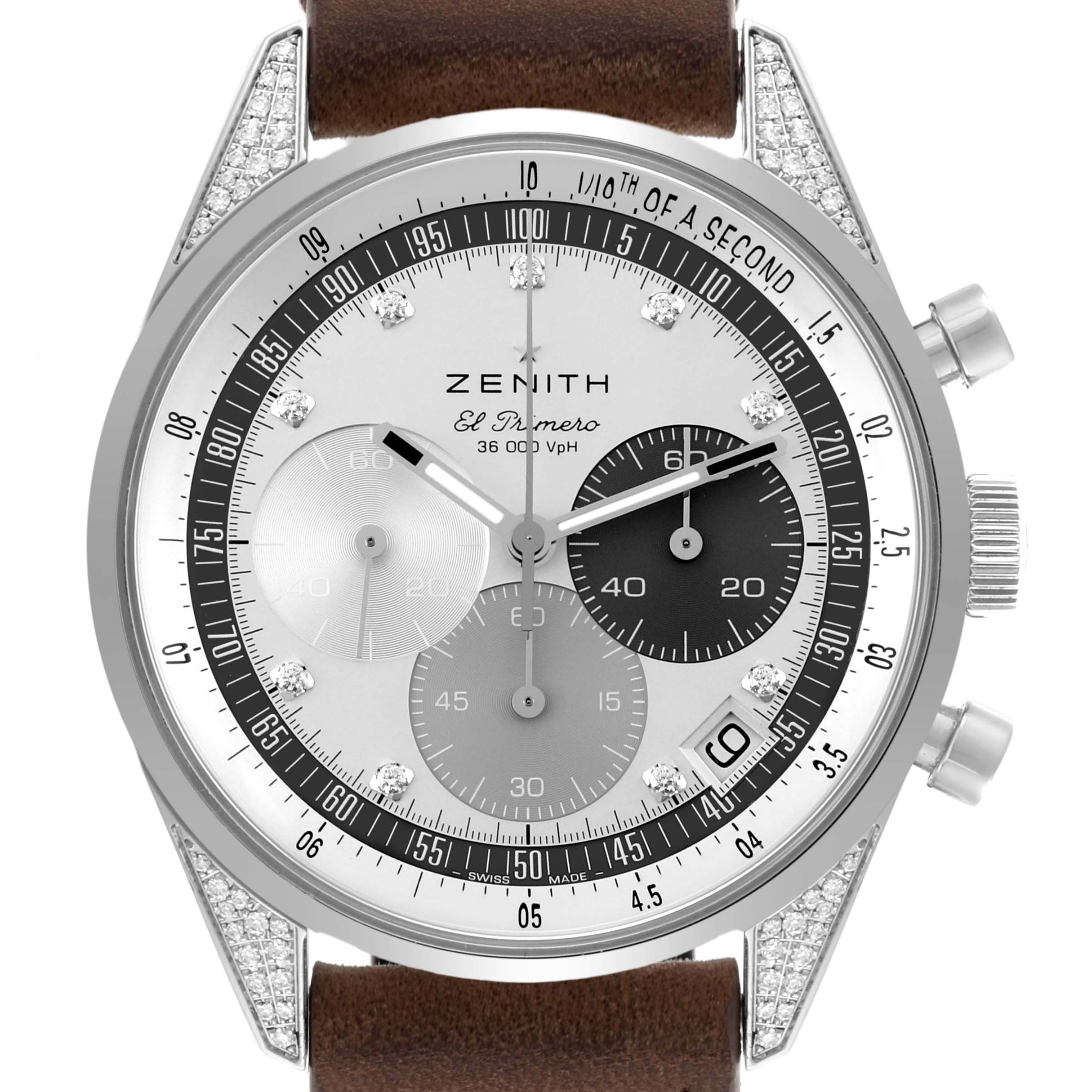 The Zenith 16.3200.3600/03/C906 Women's Stainless Steel Silver Dial 16.3200.3600/03/C906 Women's Stainless Steel Silver Dial Chronomaster watch is shown from a front angle, highlighting the dial with its sub-dials and pushers.