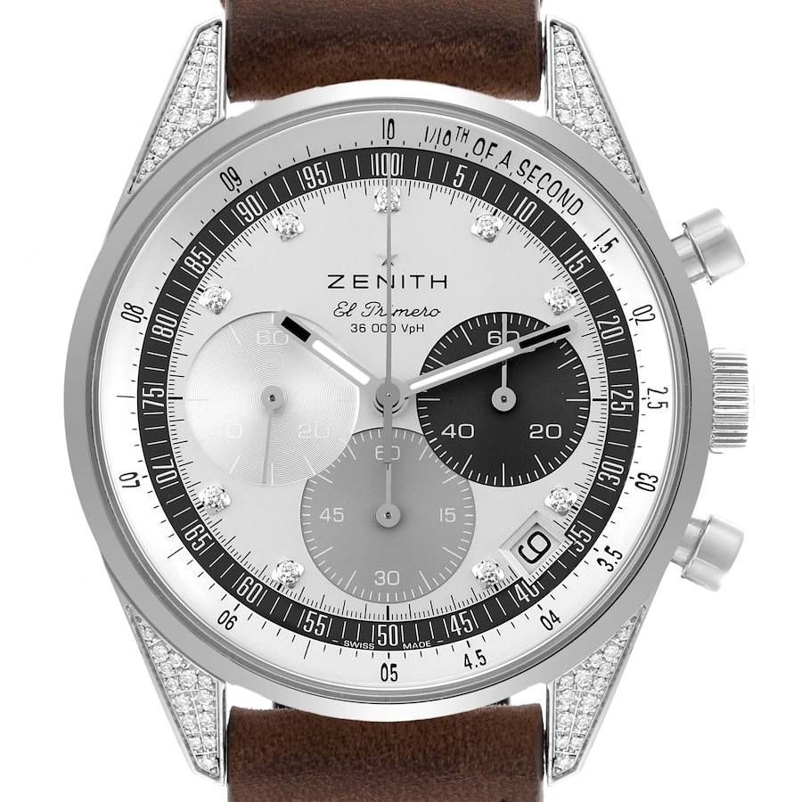 The Zenith Chronomaster watch is shown from a front angle, highlighting the dial with its sub-dials and pushers.