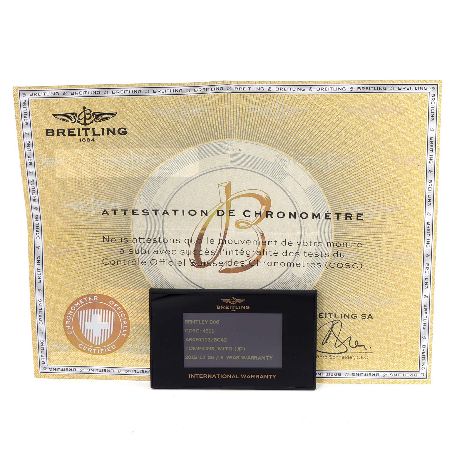 This image shows the Breitling Bentley AB061112.BD80.990A Men's Stainless Steel Black Dial AB061112.BD80.990A Men's Stainless Steel Black Dial model's chronometer certification and international warranty card.