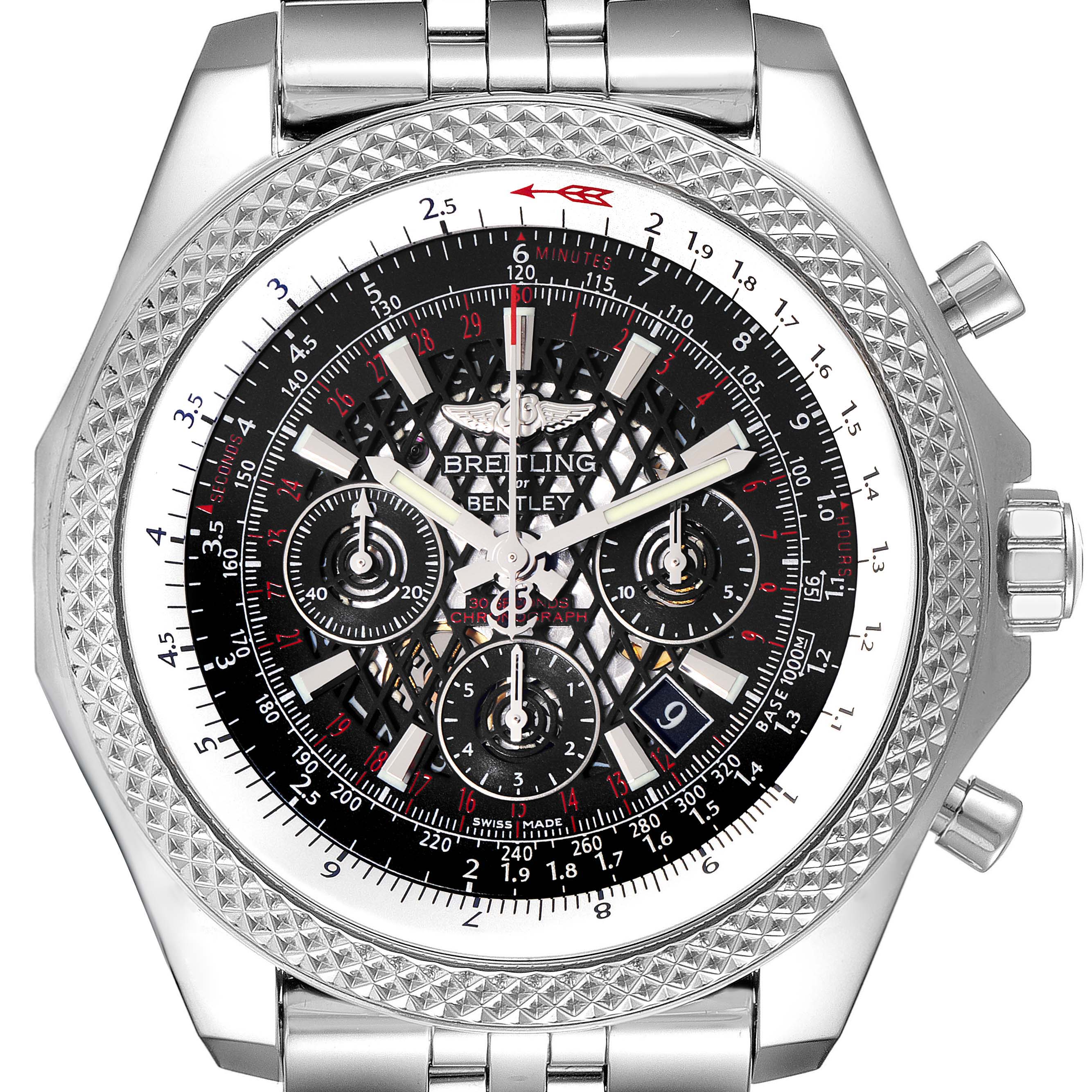 The image shows a front view of the Breitling Bentley AB061112.BD80.990A Men's Stainless Steel Black Dial AB061112.BD80.990A Men's Stainless Steel Black Dial watch, highlighting the face, bezel, and part of the metal strap.