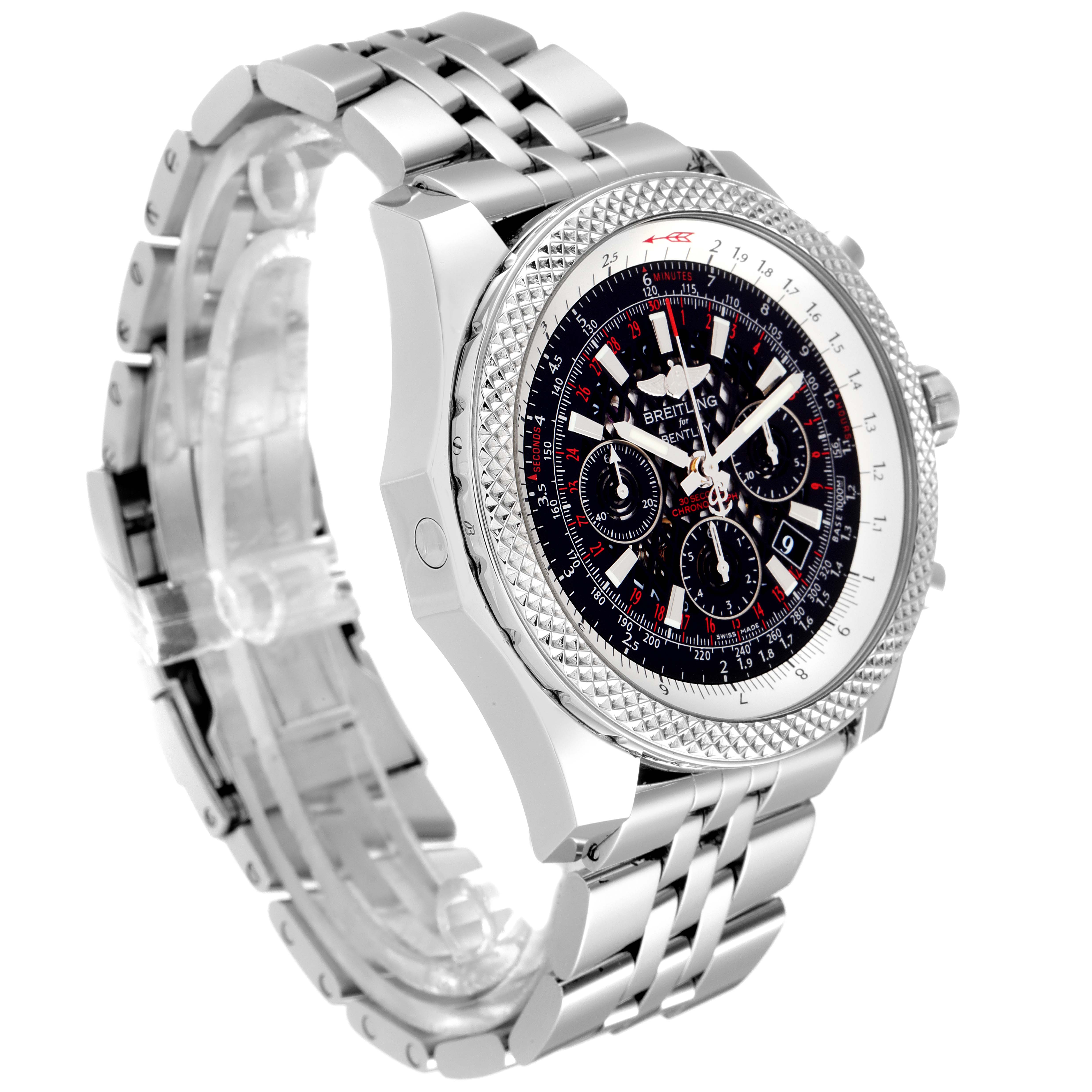 The image shows a side angle of a Breitling Bentley AB061112.BD80.990A Men's Stainless Steel Black Dial AB061112.BD80.990A Men's Stainless Steel Black Dial watch, highlighting its metal bracelet, textured bezel, and detailed dial.