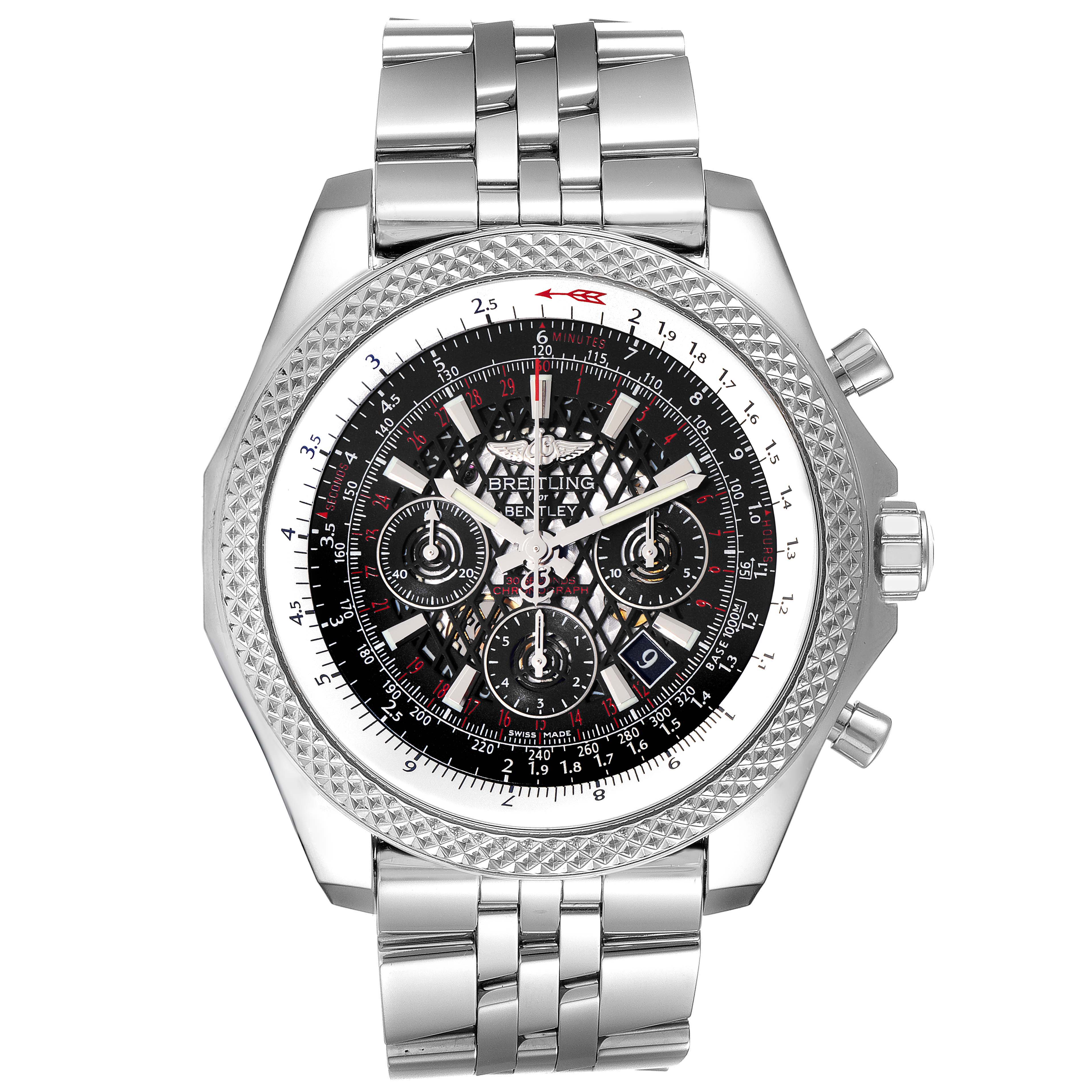 The picture shows a front view of a Bentley model watch by Breitling, displaying the face, bezel, crown, and bracelet.