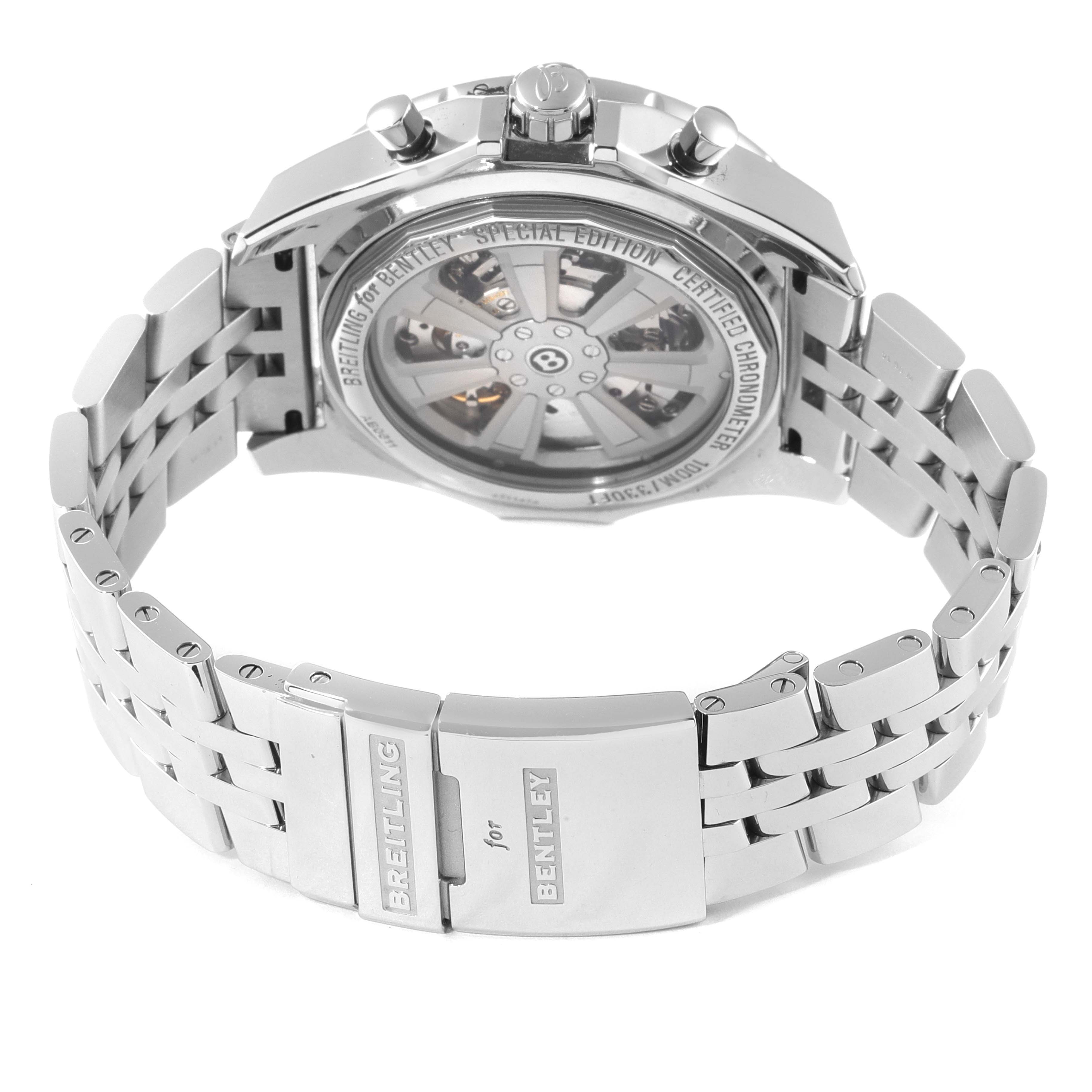 The image shows the back view of the Breitling Bentley AB061112.BD80.990A Men's Stainless Steel Black Dial AB061112.BD80.990A Men's Stainless Steel Black Dial model watch, highlighting its bracelet and transparent case back.