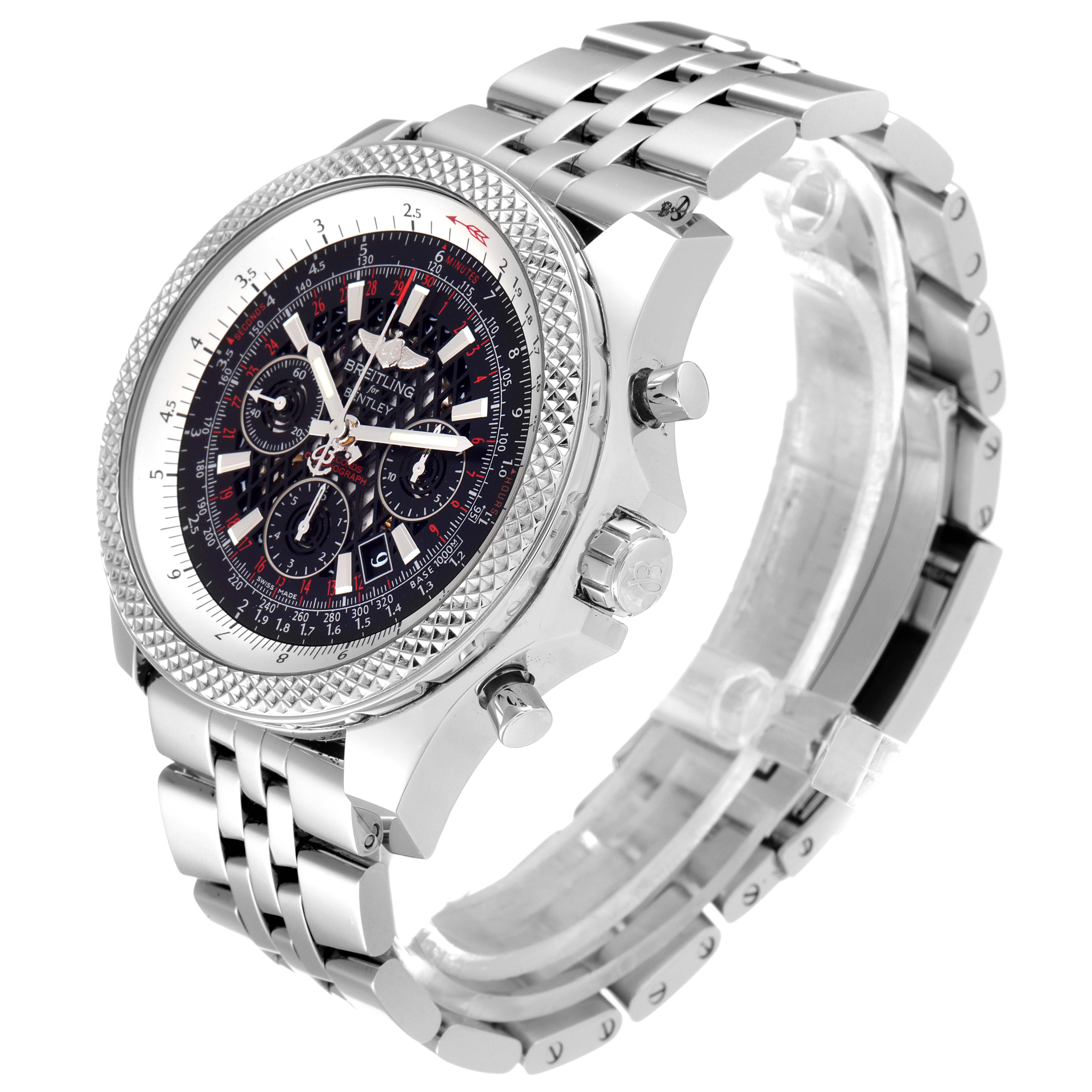 The image shows a Breitling Bentley AB061112.BD80.990A Men's Stainless Steel Black Dial AB061112.BD80.990A Men's Stainless Steel Black Dial model watch at a three-quarter angle, highlighting the face, bezel, and bracelet.