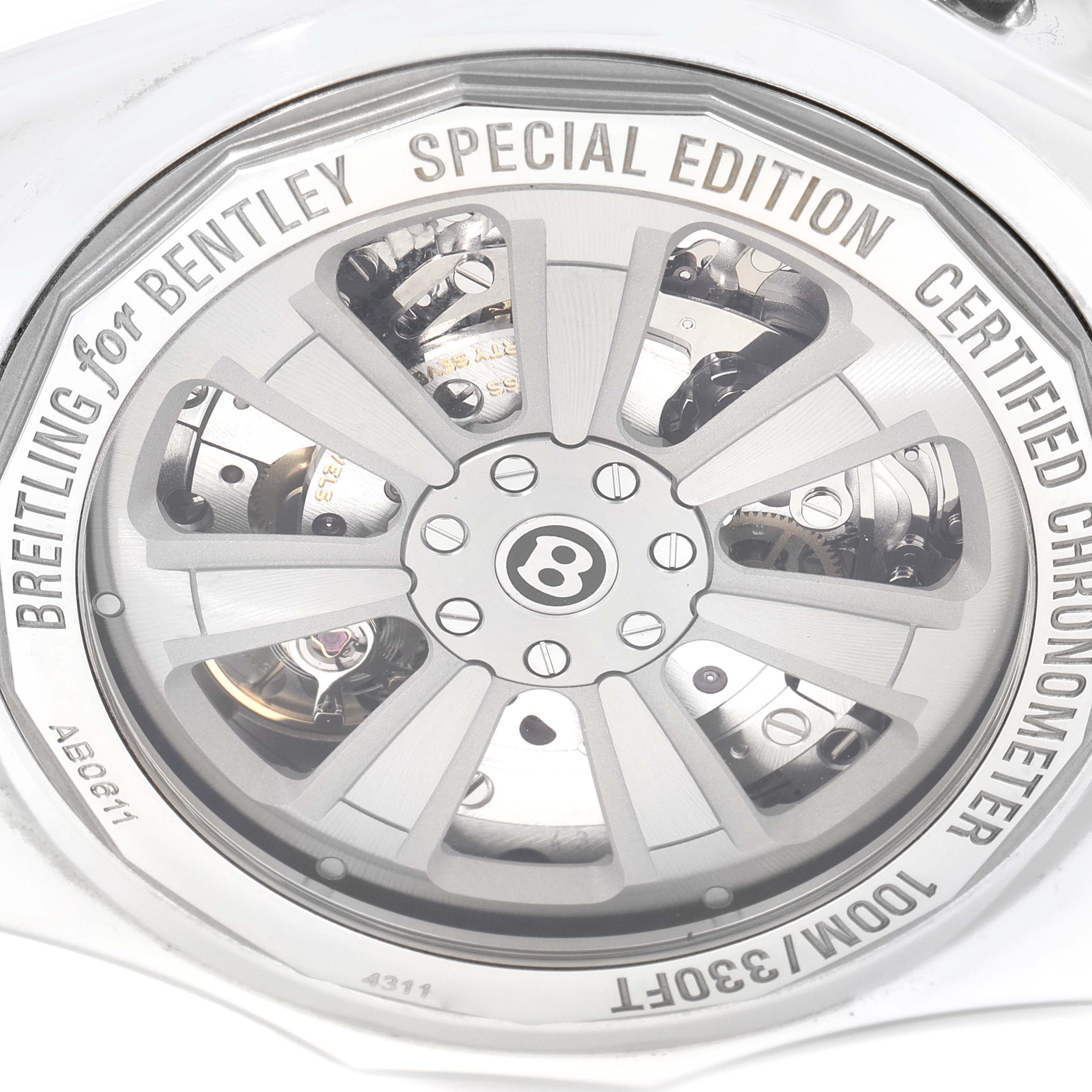 The image shows the case back of the Breitling for Bentley Special Edition watch, revealing the movement inside.