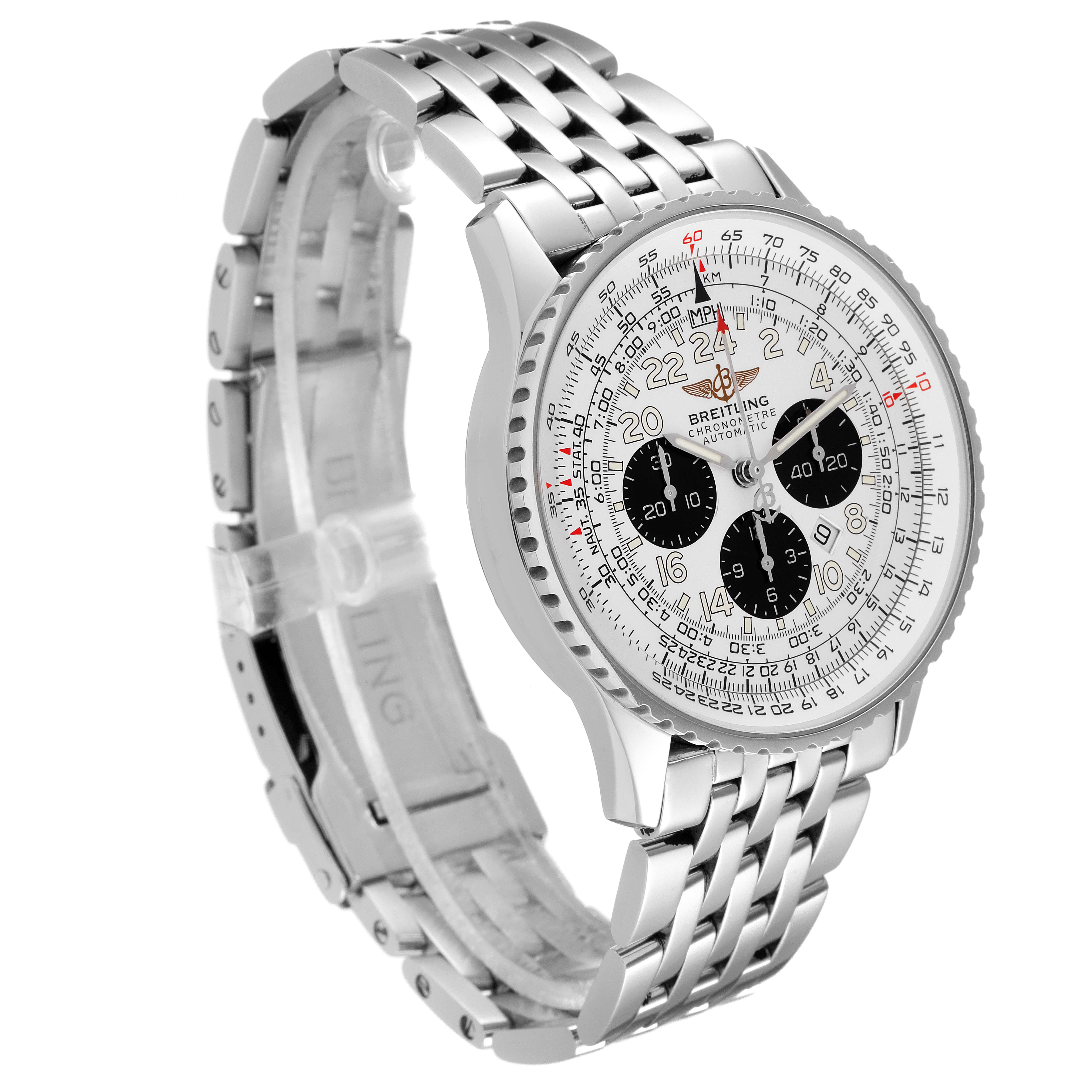 The image shows the Breitling Navitimer A22322 Men
s Stainless Steel Silver Dial A22322 Men
s Stainless Steel Silver Dial watch at a three-quarter angle, displaying its silver bracelet and detailed dial.