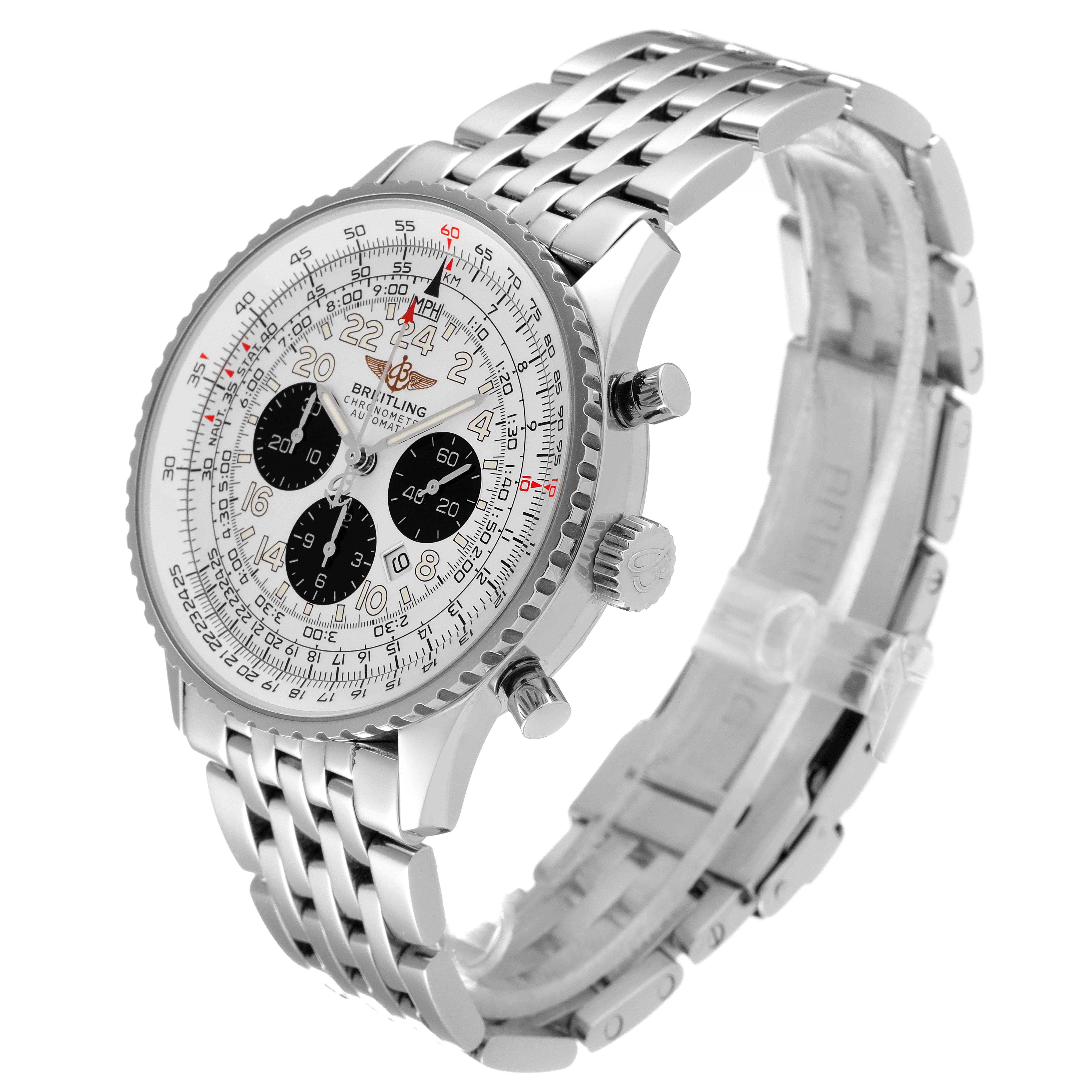 The image shows a side angle of the Breitling Navitimer A22322 Men
s Stainless Steel Silver Dial A22322 Men
s Stainless Steel Silver Dial watch, highlighting its face, bezel, crown, and stainless steel bracelet.