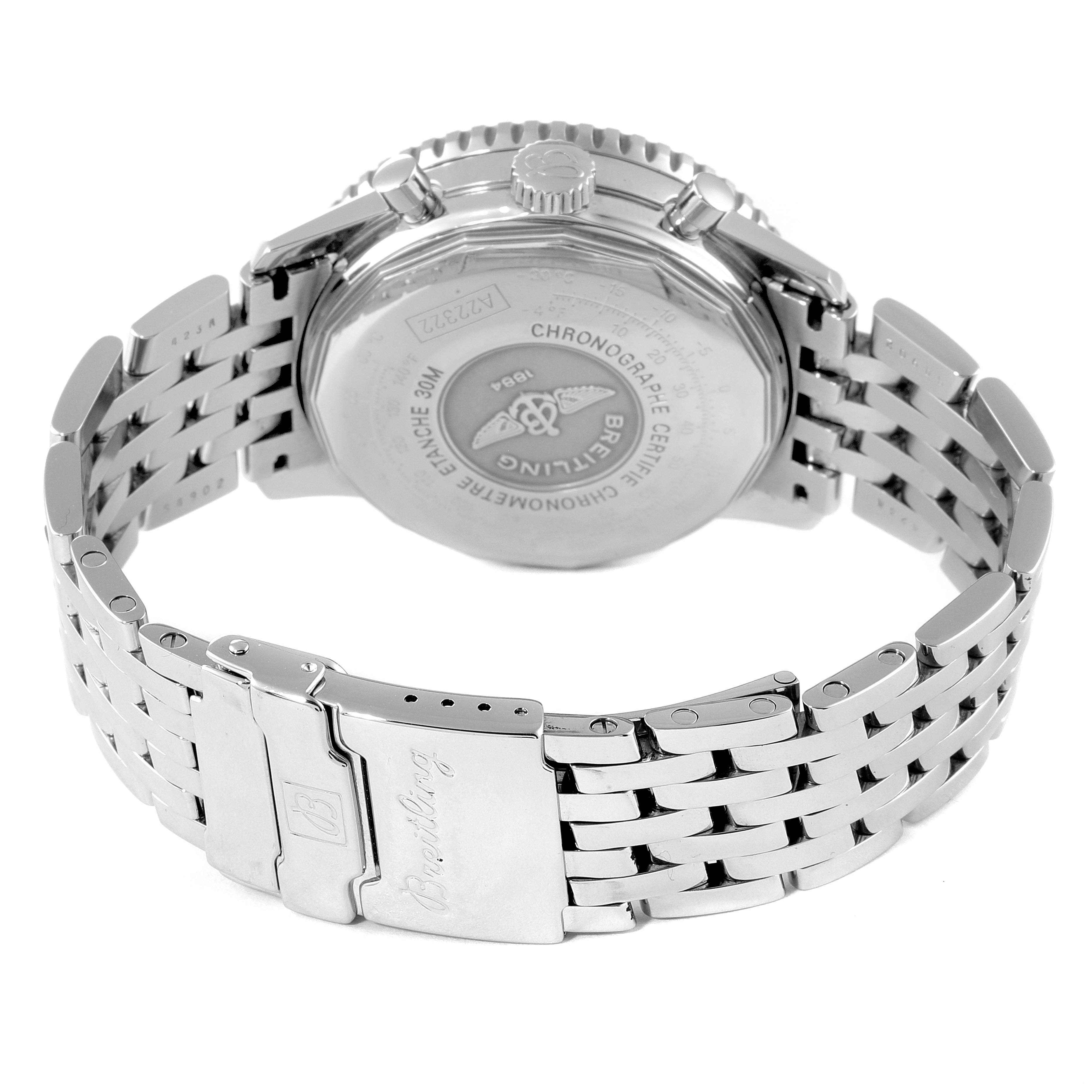 The image shows the back case and metal bracelet of the Breitling Navitimer A22322 Men
s Stainless Steel Silver Dial A22322 Men
s Stainless Steel Silver Dial watch from a rear angle.