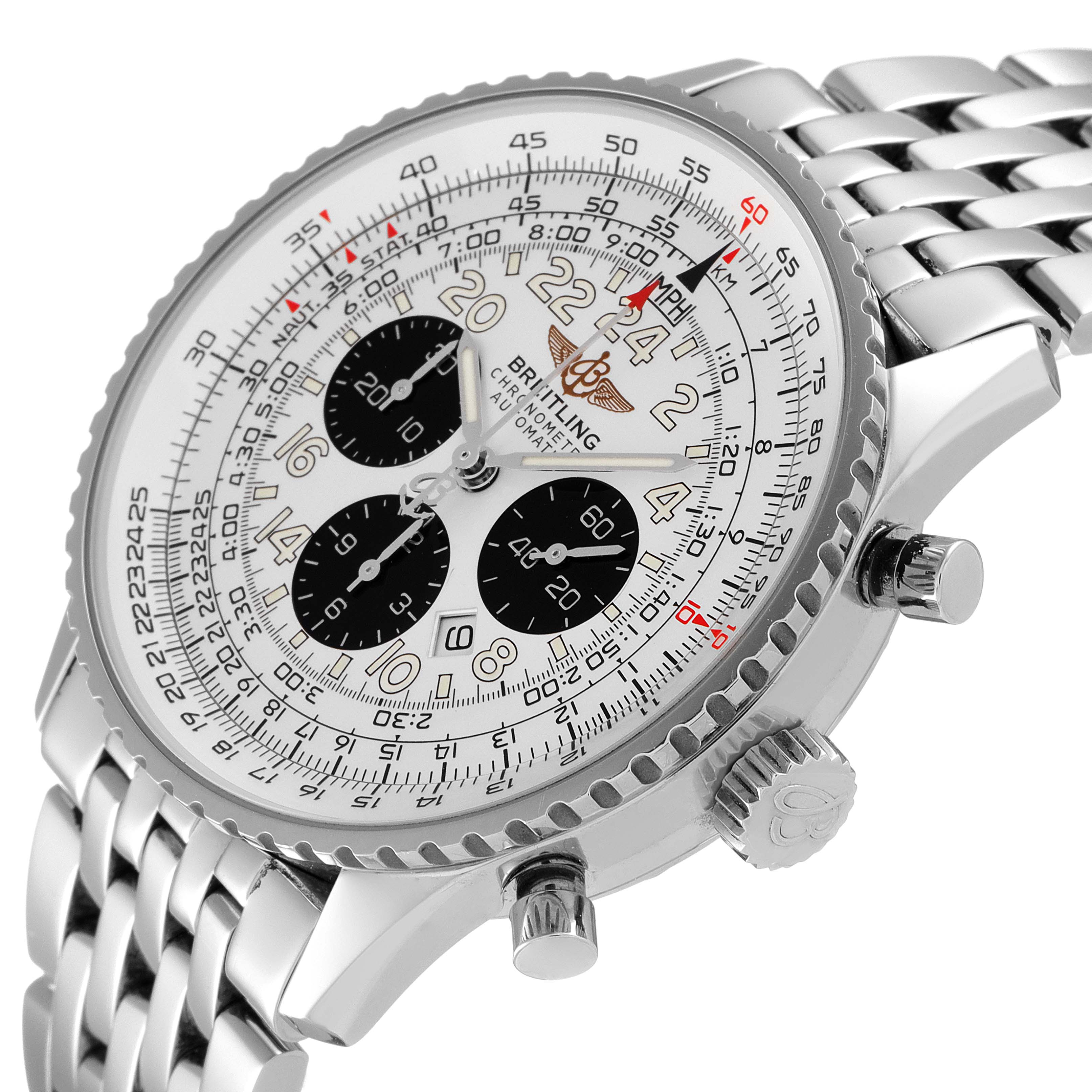 The image shows a close-up angle of the Breitling Navitimer A22322 Men
s Stainless Steel Silver Dial A22322 Men
s Stainless Steel Silver Dial watch, highlighting the dial, bezel, crown, and part of the bracelet.