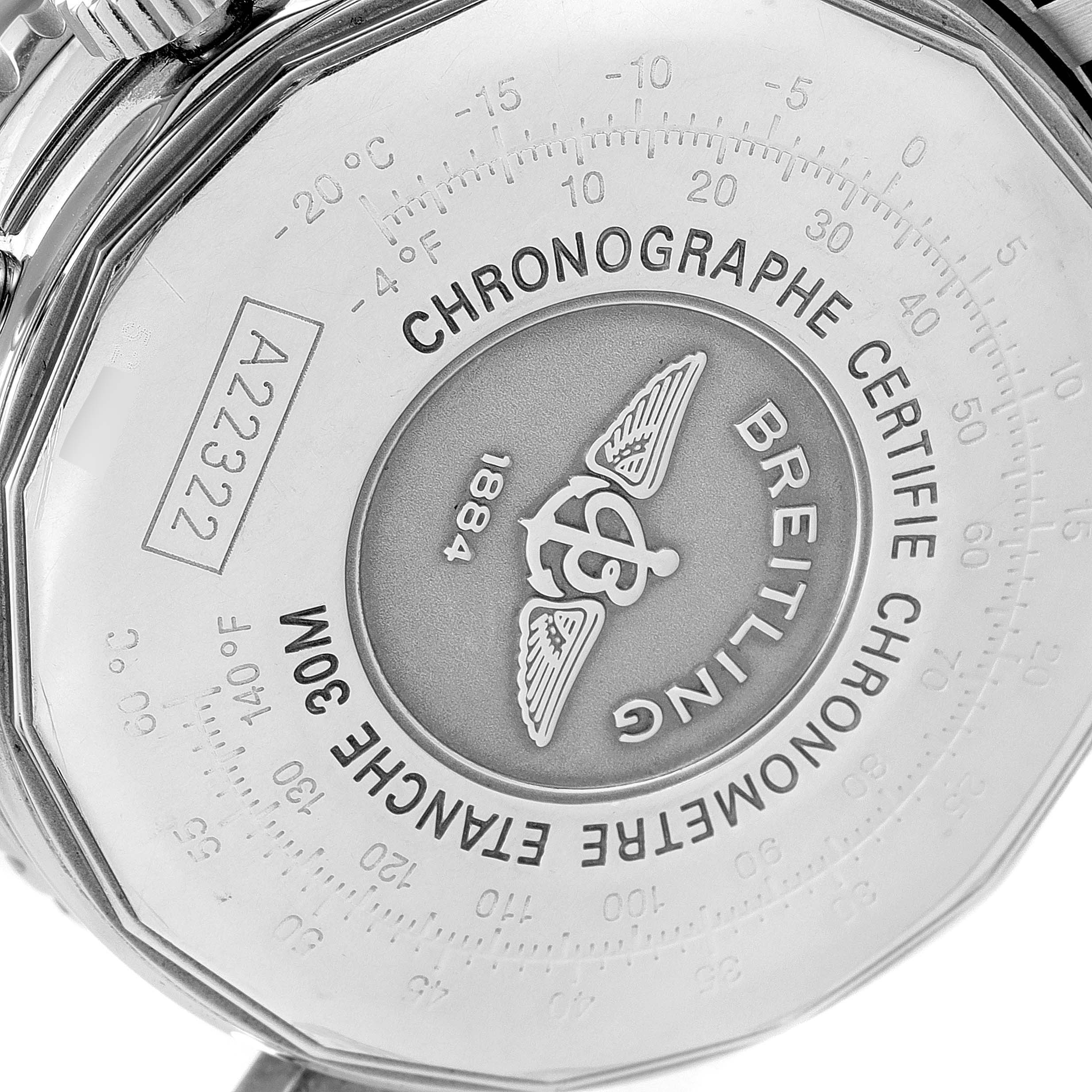 This image shows the back case of a Breitling Navitimer A22322 Men
s Stainless Steel Silver Dial A22322 Men
s Stainless Steel Silver Dial watch, highlighting its engraving, model number, and temperature scale.