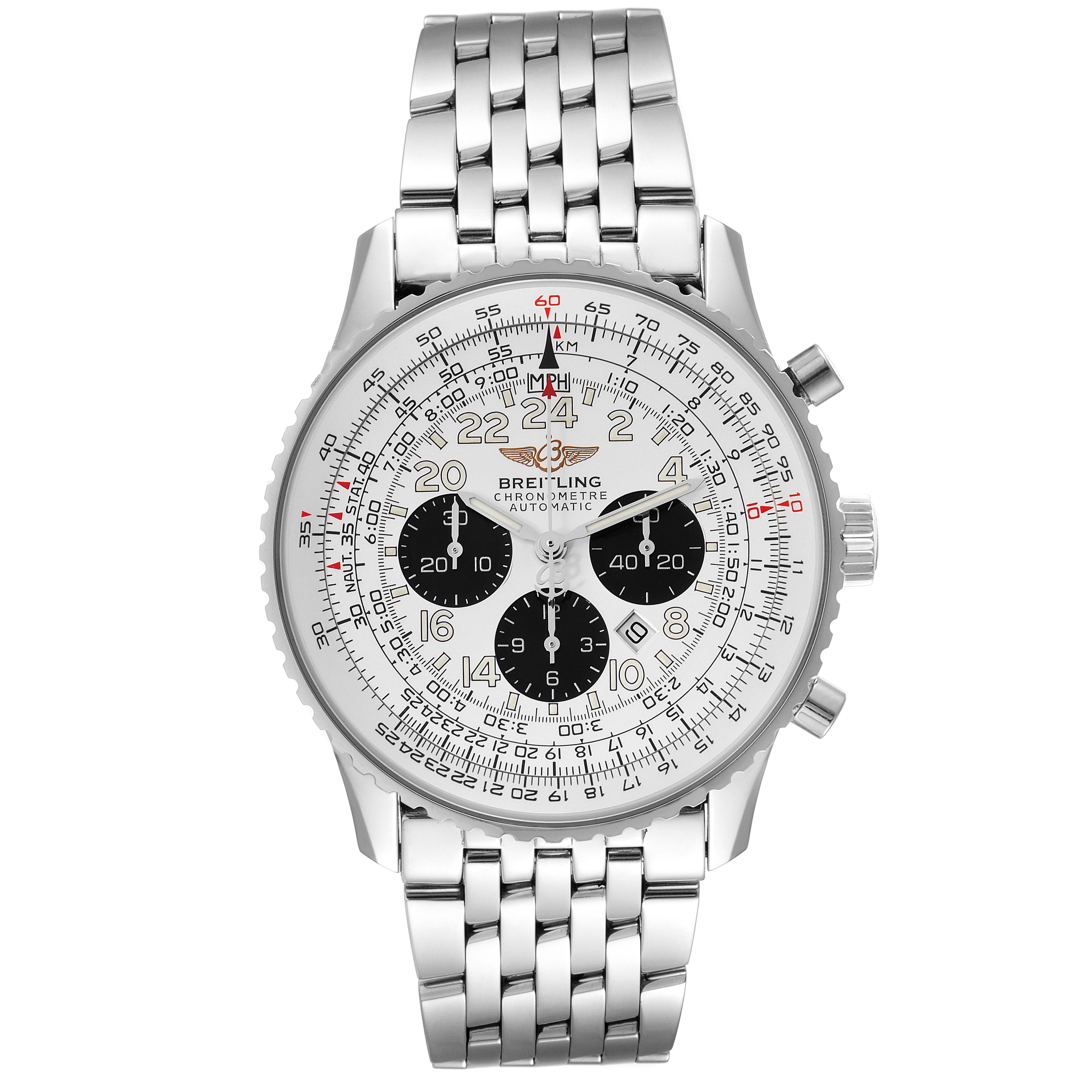 The image shows a front view of a Breitling Navitimer A22322 Men
s Stainless Steel Silver Dial A22322 Men
s Stainless Steel Silver Dial watch with a stainless steel strap and three subdials on the face.