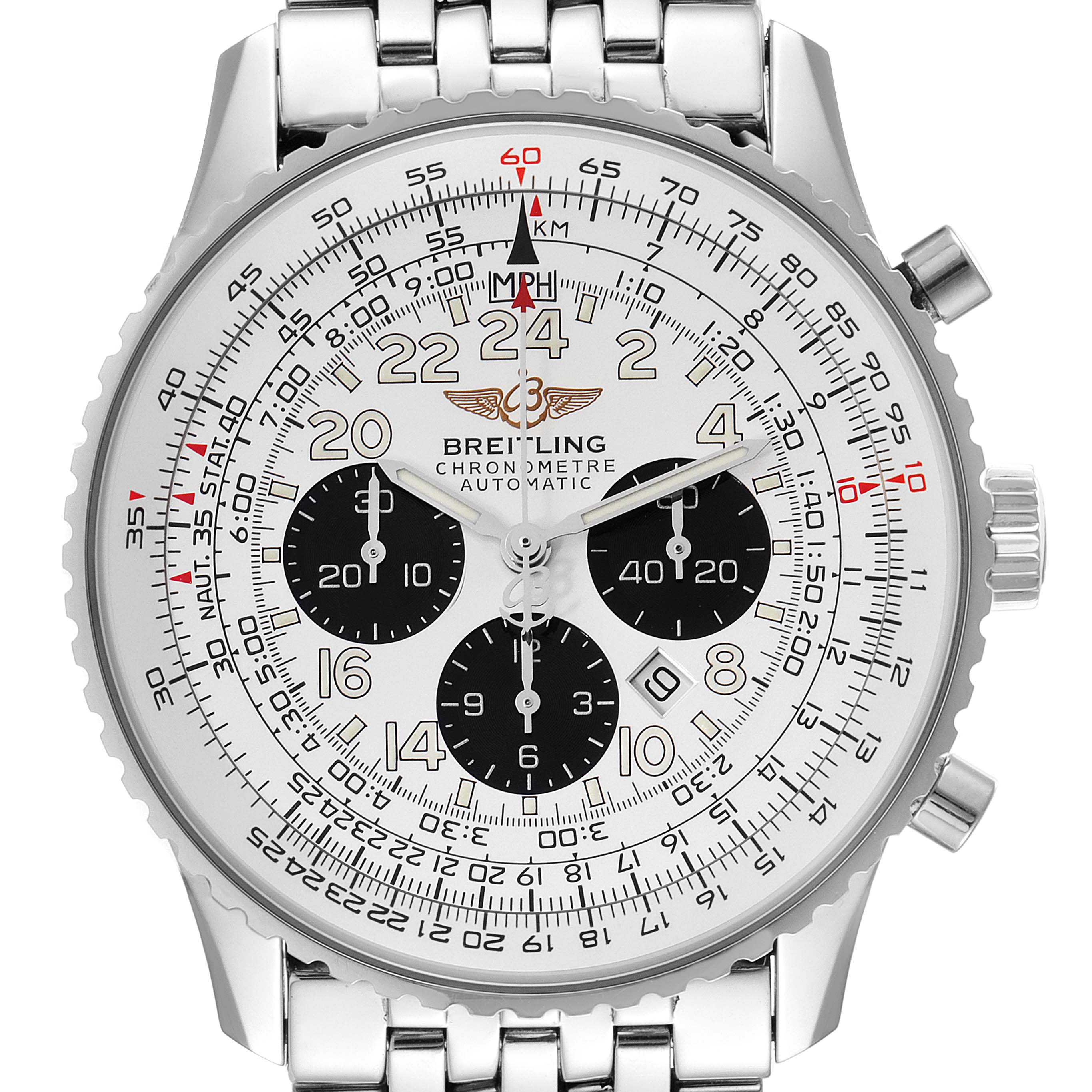 The image shows a top view of a Breitling Navitimer A22322 Men
s Stainless Steel Silver Dial A22322 Men
s Stainless Steel Silver Dial watch, featuring its detailed dial, bezel, and part of the metal bracelet.