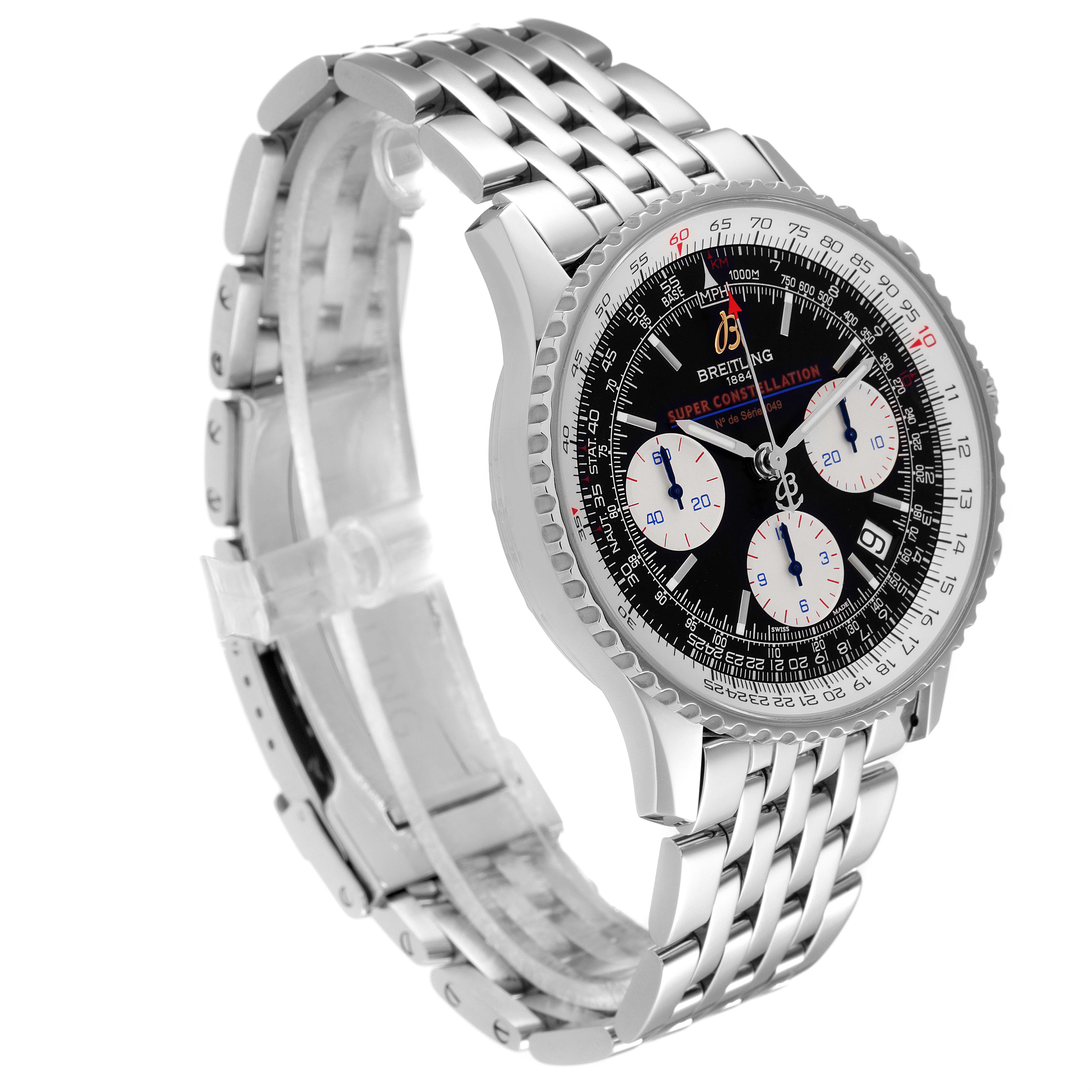 This Breitling Navitimer A23322 Men's Stainless Steel Black Dial A23322 Men's Stainless Steel Black Dial watch is shown from a slightly angled side view, highlighting its dial, bezel, and metal bracelet.