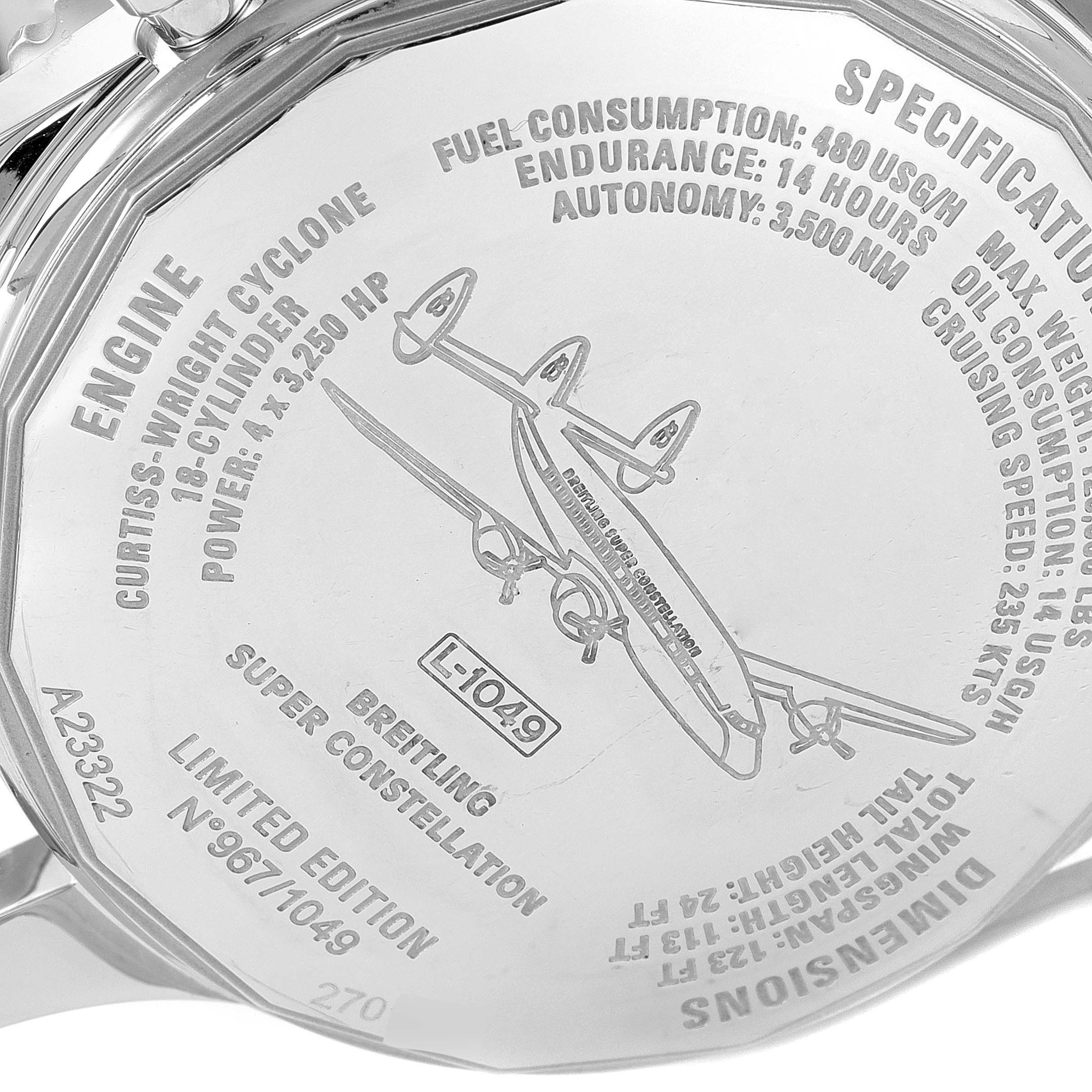 The image shows the engraved back case of a Breitling Navitimer A23322 Men's Stainless Steel Black Dial A23322 Men's Stainless Steel Black Dial watch, highlighting specifications and a plane illustration.
