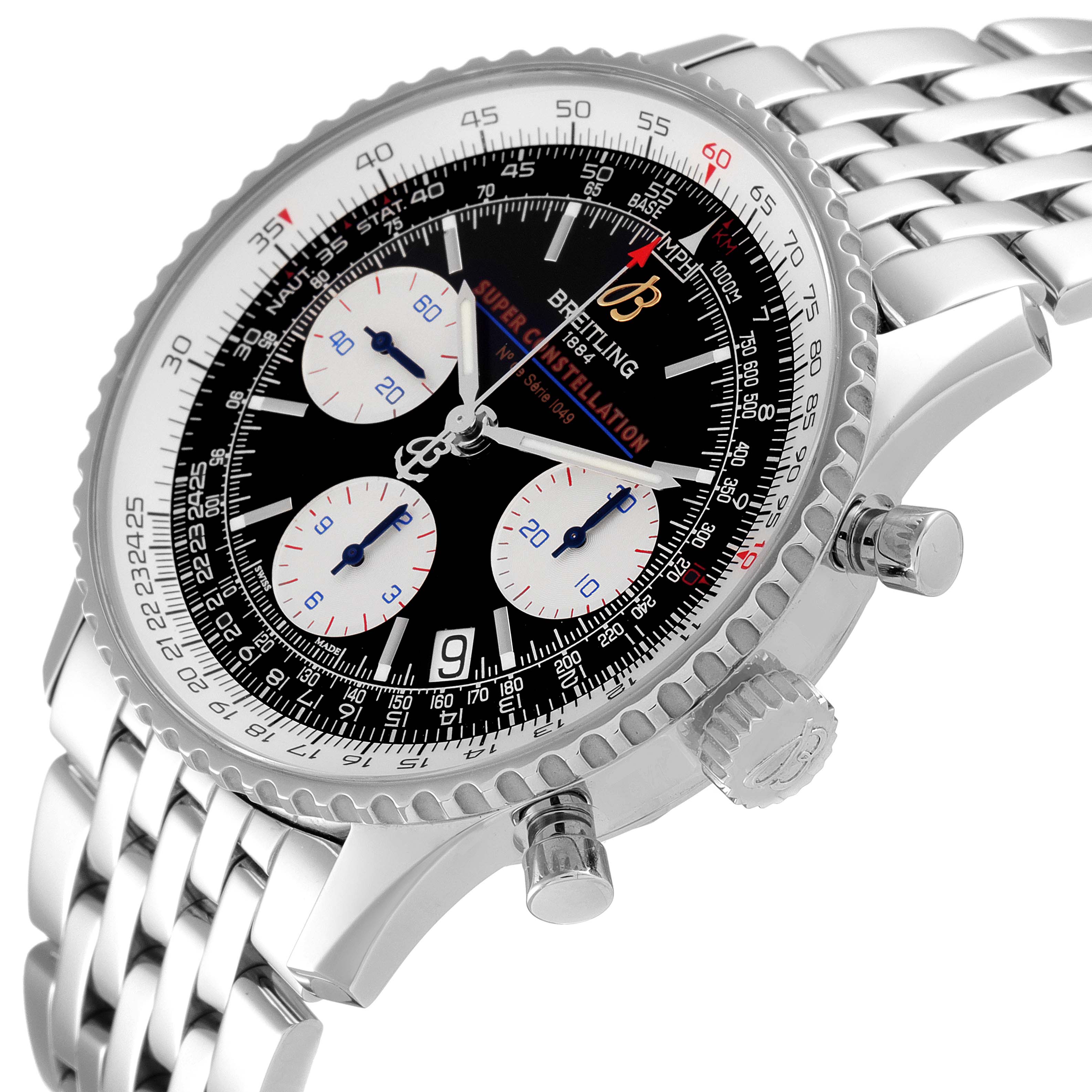 The image shows a Breitling Navitimer A23322 Men's Stainless Steel Black Dial A23322 Men's Stainless Steel Black Dial watch at a slight angle, highlighting its bezel, dial, crown, pushers, and bracelet.