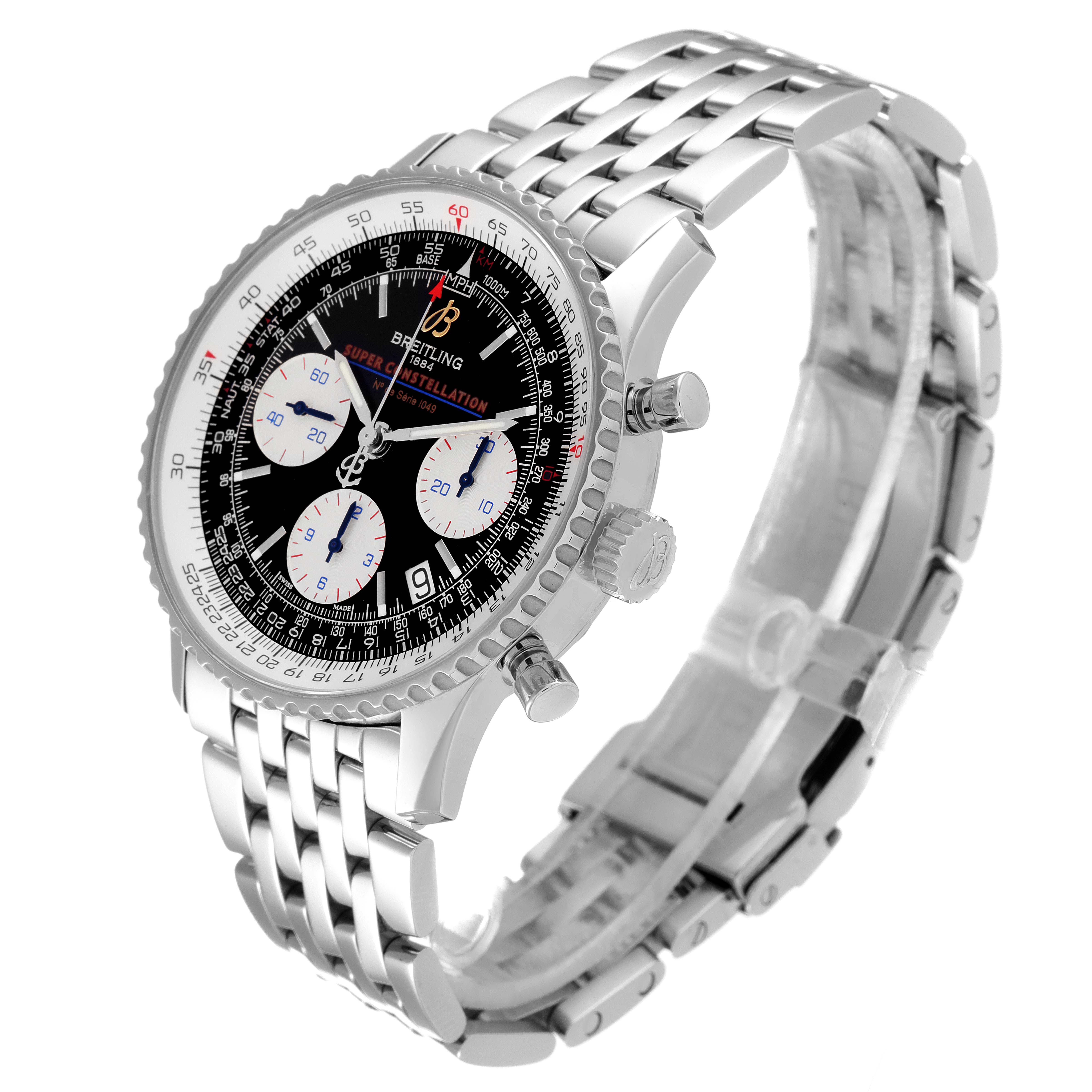 The image shows a Breitling Navitimer A23322 Men's Stainless Steel Black Dial A23322 Men's Stainless Steel Black Dial watch at an angle highlighting the face, crown, and stainless steel bracelet.