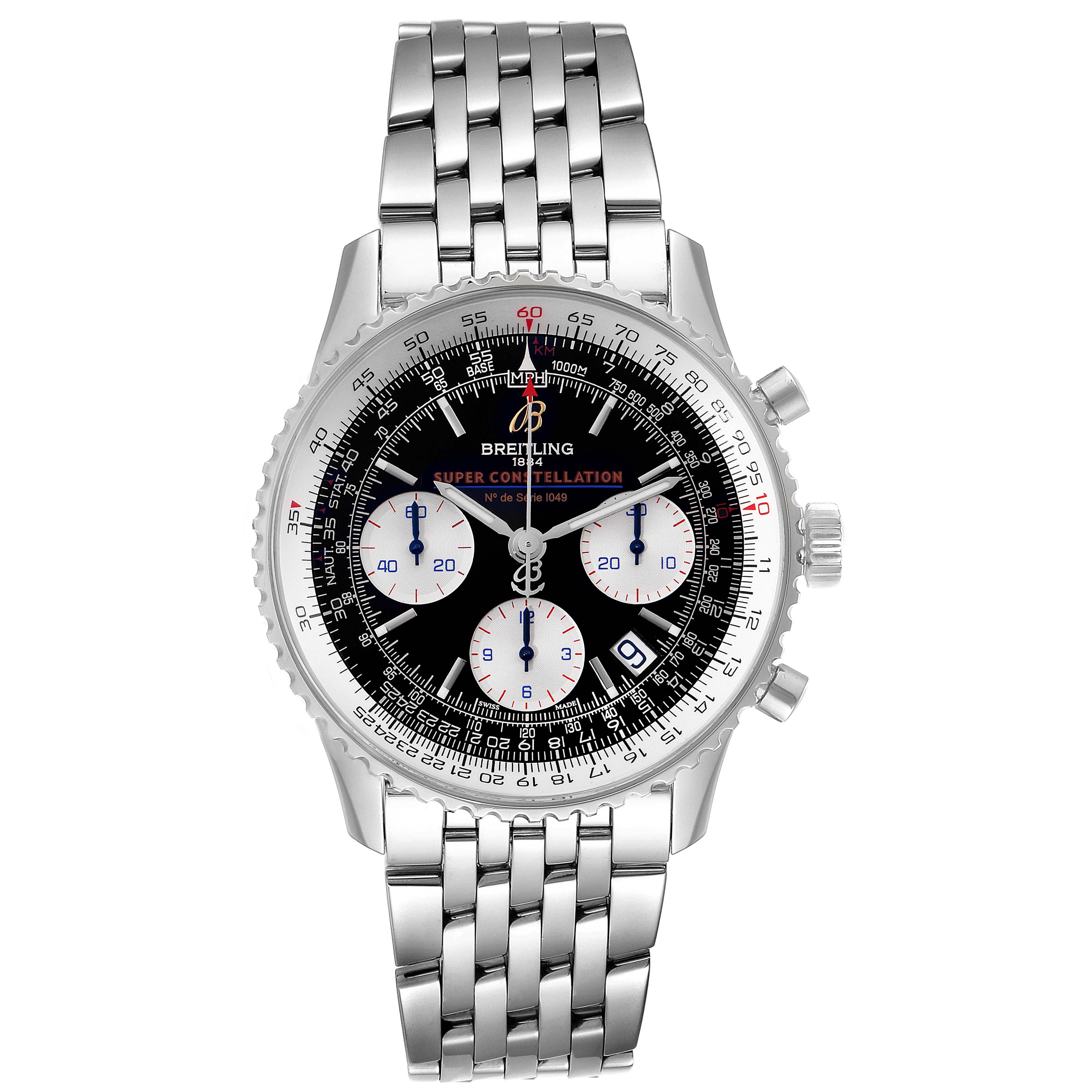 The image shows a front view of a Breitling Navitimer A23322 Men's Stainless Steel Black Dial A23322 Men's Stainless Steel Black Dial watch displaying the dial, bezel, and bracelet.