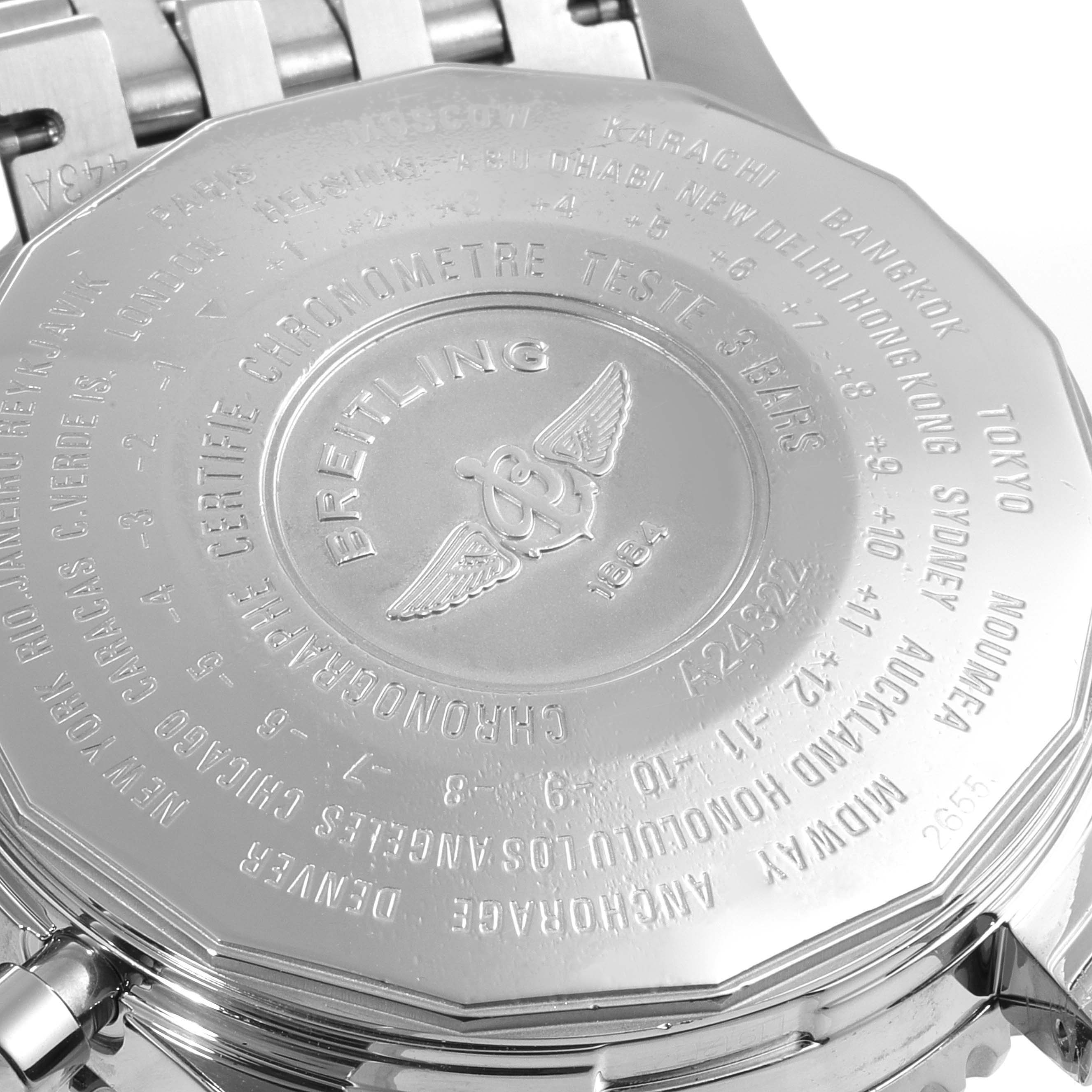 This image shows the back case of a Breitling Navitimer A24322 Men's Stainless Steel Black Dial A24322 Men's Stainless Steel Black Dial watch, displaying engravings and logos.