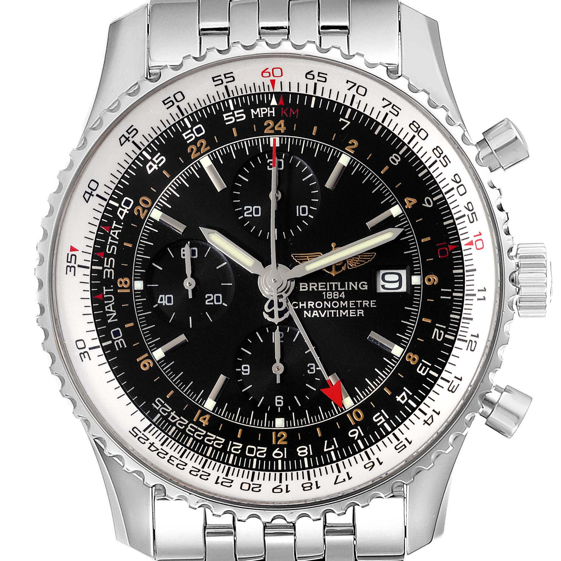 The image shows the face and part of the metal band of a Breitling Navitimer A24322 Men's Stainless Steel Black Dial A24322 Men's Stainless Steel Black Dial watch from a straight-on perspective.