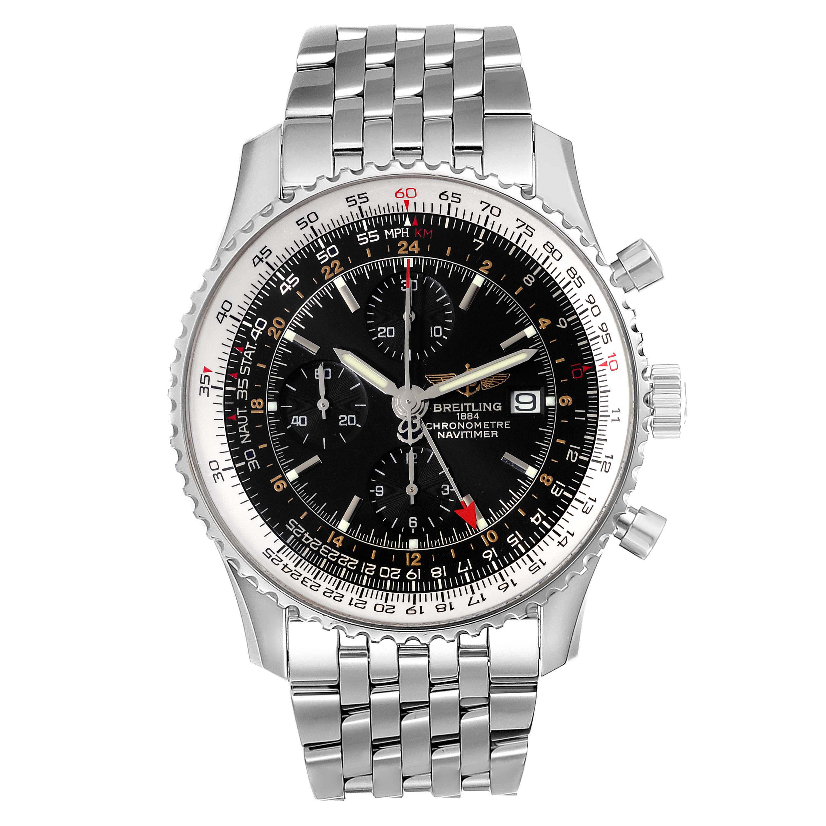 This is a front view of the Breitling Navitimer A24322 Men's Stainless Steel Black Dial A24322 Men's Stainless Steel Black Dial watch, showing the face, bezel, chronograph, and metal bracelet.