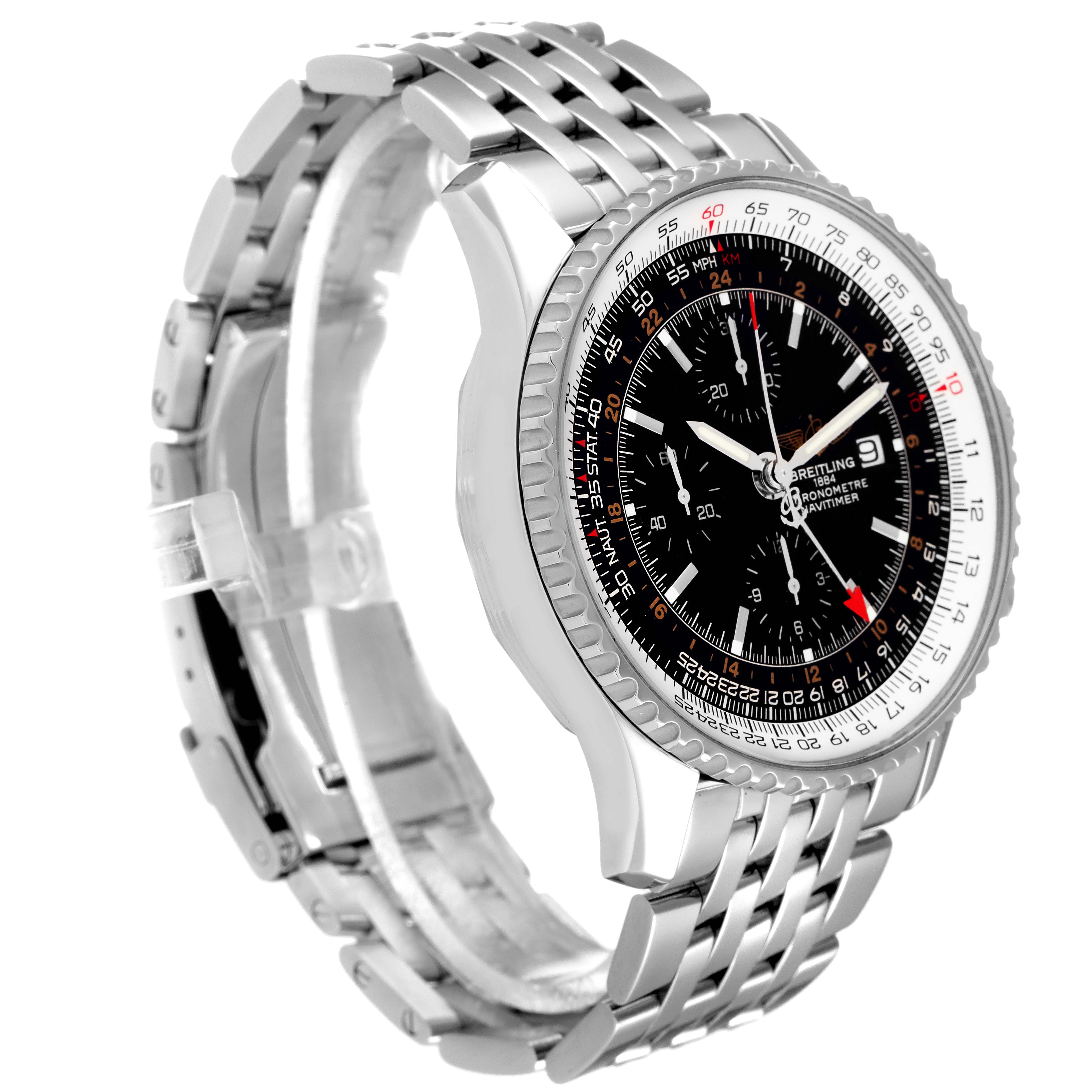 The image shows a side angle of a Breitling Navitimer A24322 Men's Stainless Steel Black Dial A24322 Men's Stainless Steel Black Dial watch, highlighting the metal bracelet and detailed black dial.