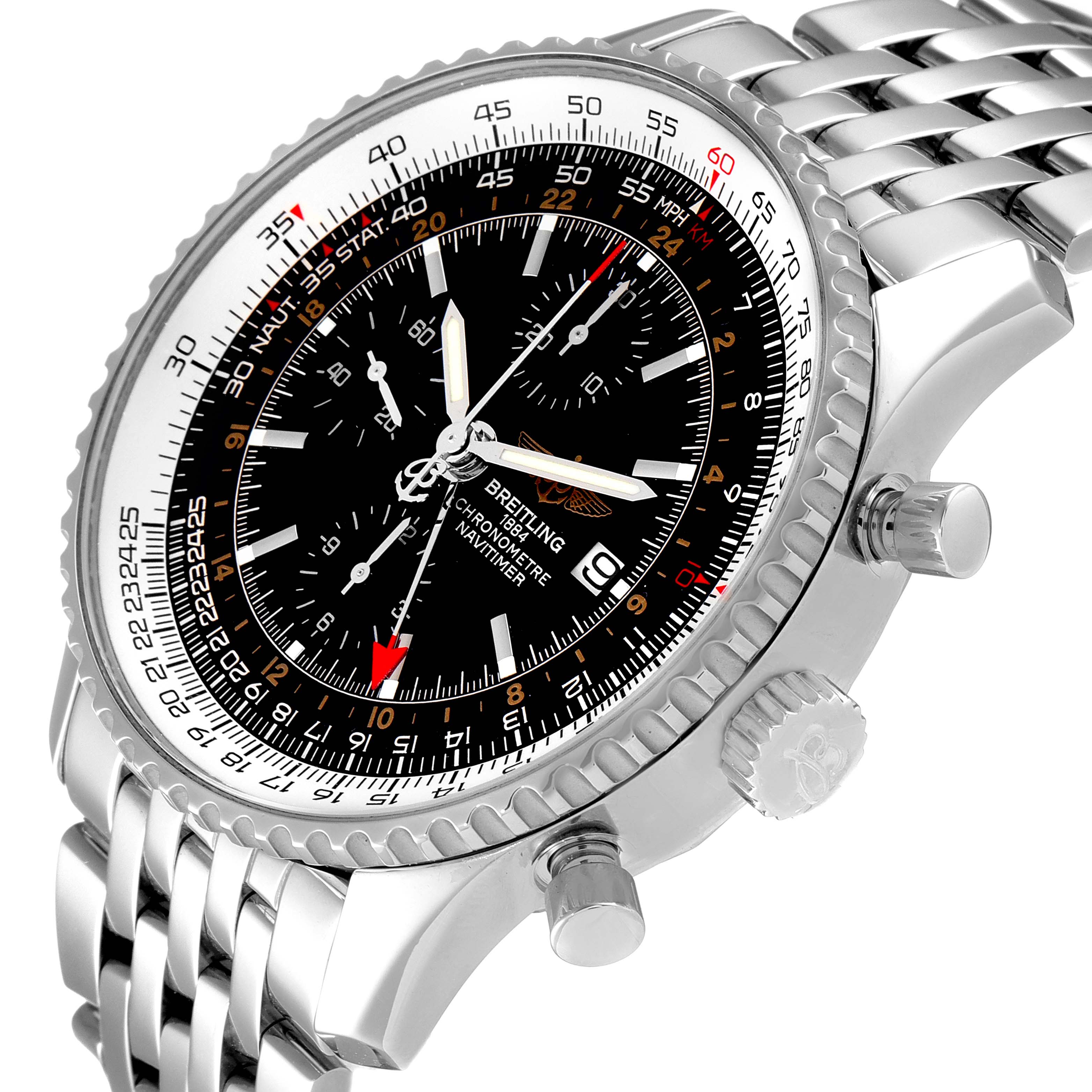 The Breitling Navitimer A24322 Men's Stainless Steel Black Dial A24322 Men's Stainless Steel Black Dial watch is shown at an angle featuring its face, bezel, crown, pushers, and part of the bracelet.
