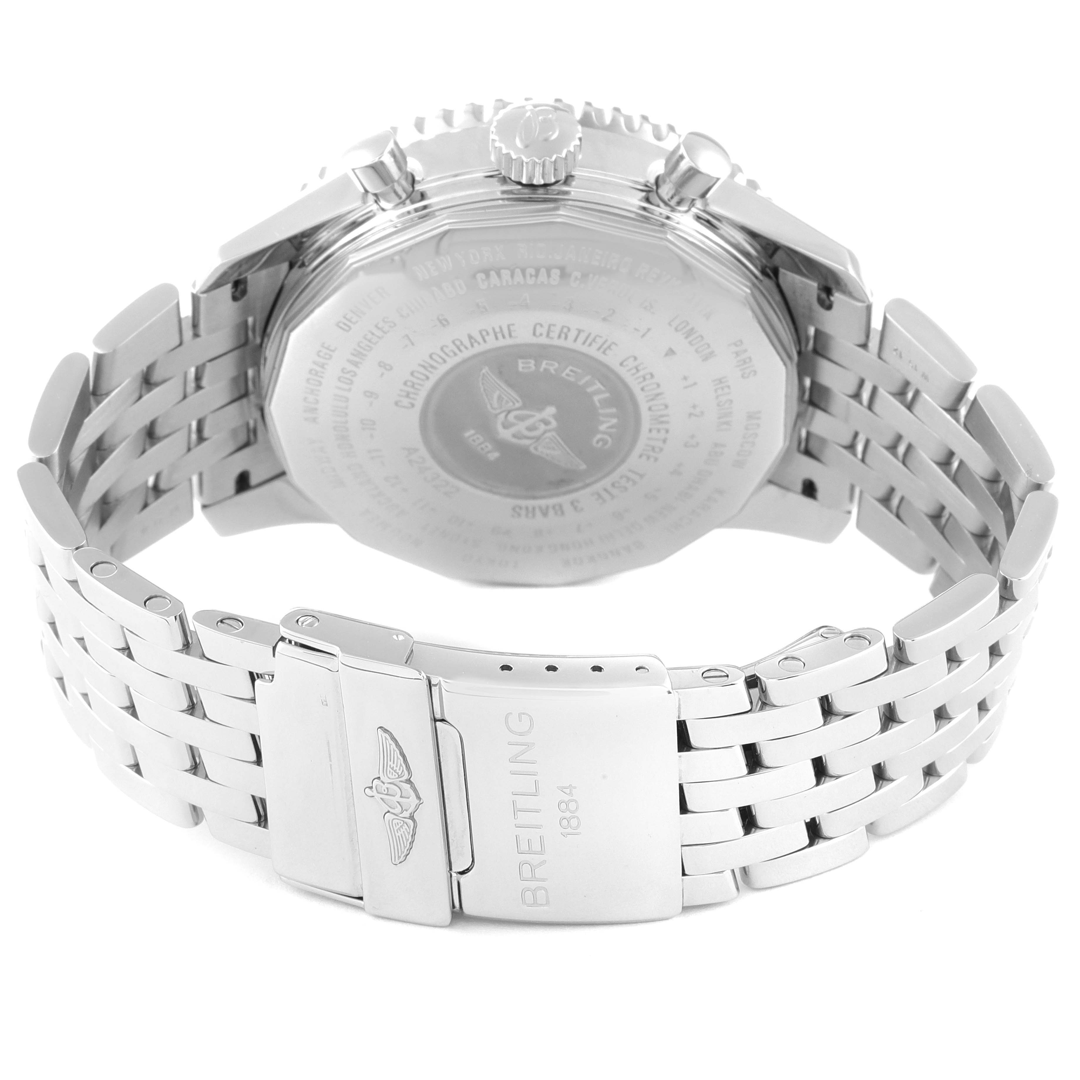 The image shows the back case and metal bracelet with a clasp of a Breitling Navitimer A24322 Men's Stainless Steel Black Dial A24322 Men's Stainless Steel Black Dial watch.