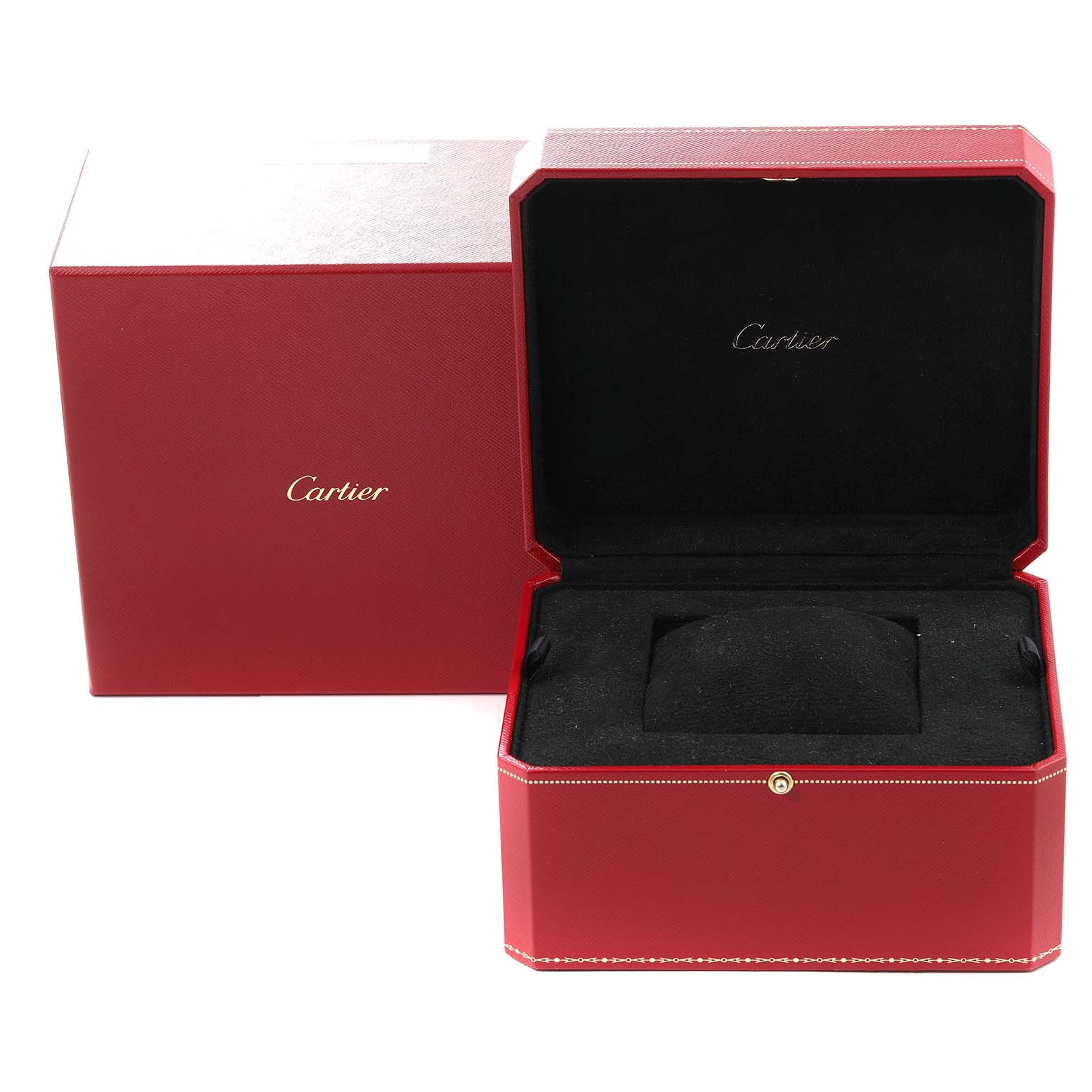 The image shows an open and closed red Cartier watch box for the Calibre de Cartier model.