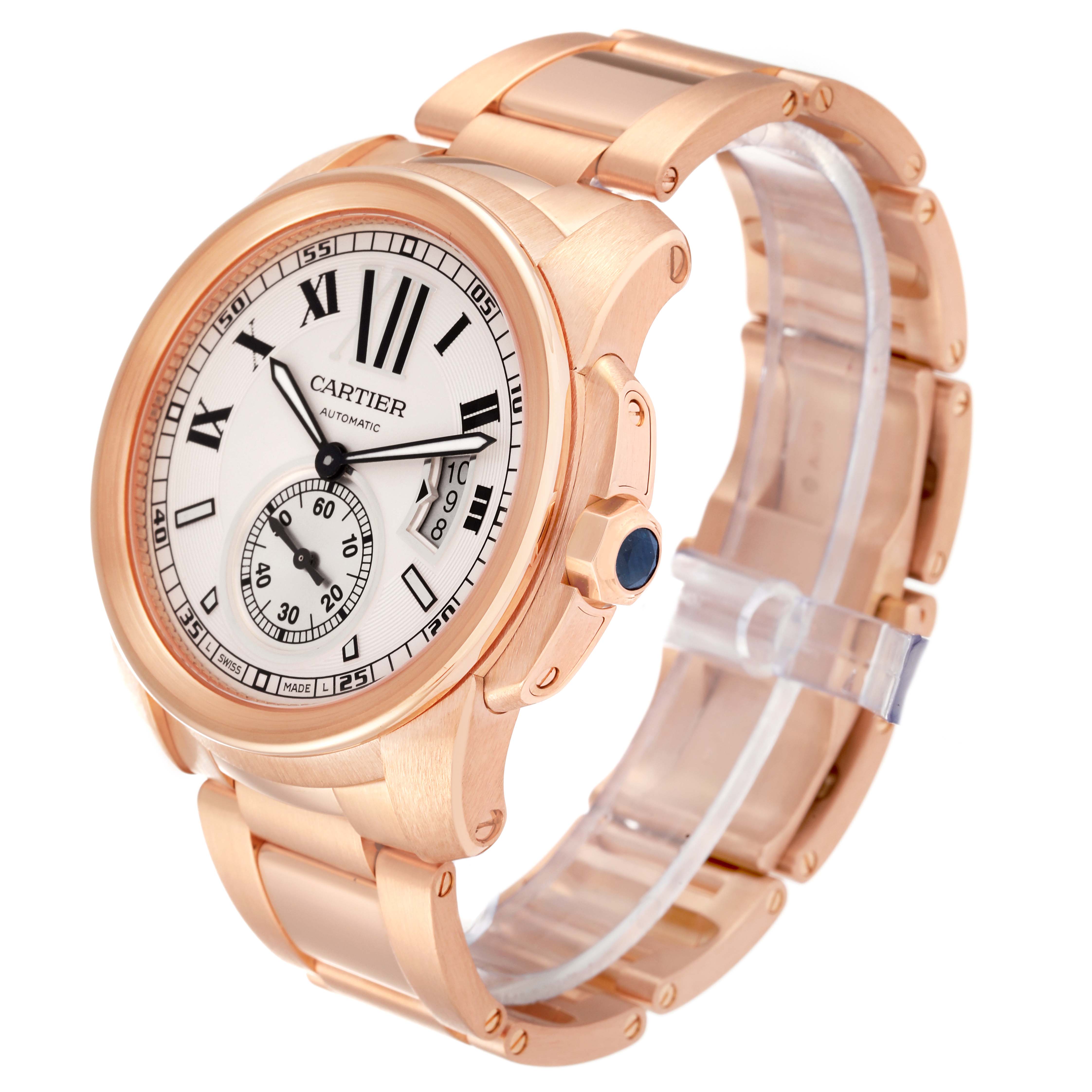 The Calibre de Cartier watch by Cartier is shown at a three-quarter angle displaying its face, bezel, and bracelet.