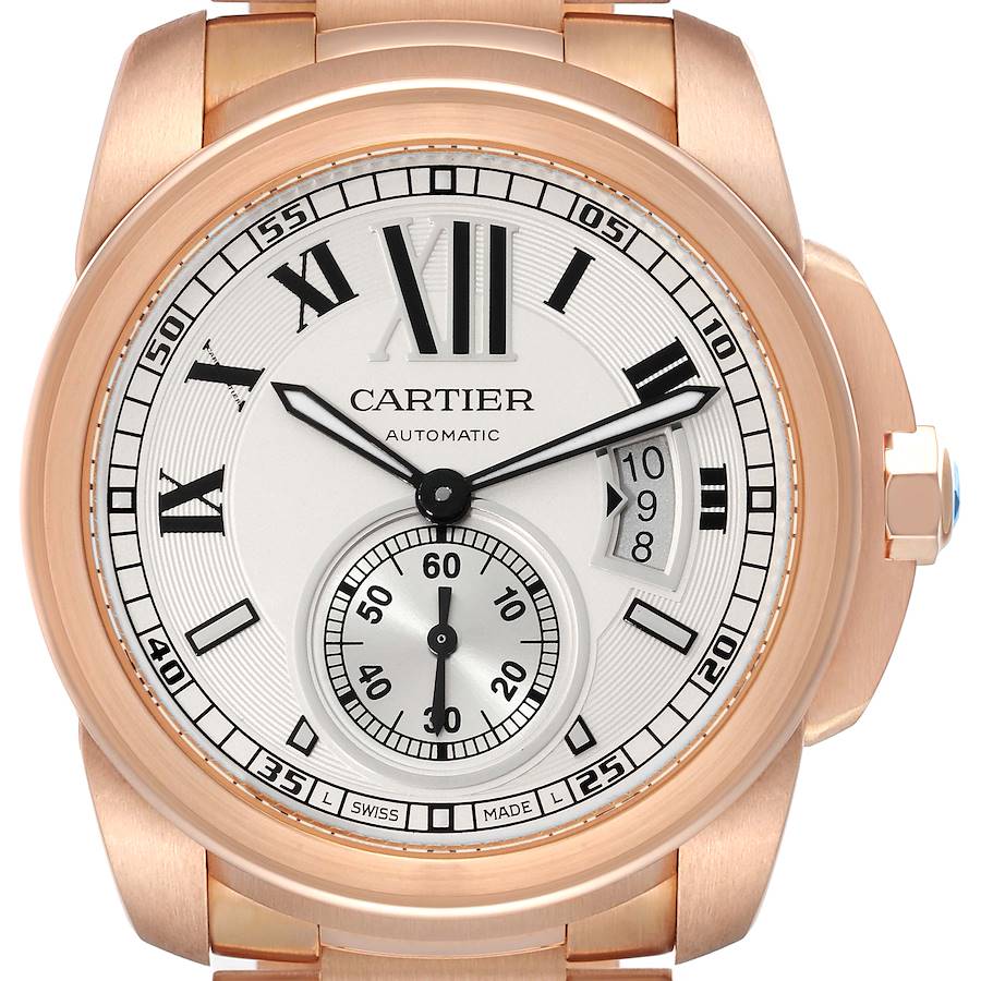 Cartier Calibre Rose Gold Silver Dial Automatic Mens Watch W7100018 SwissWatchExpo