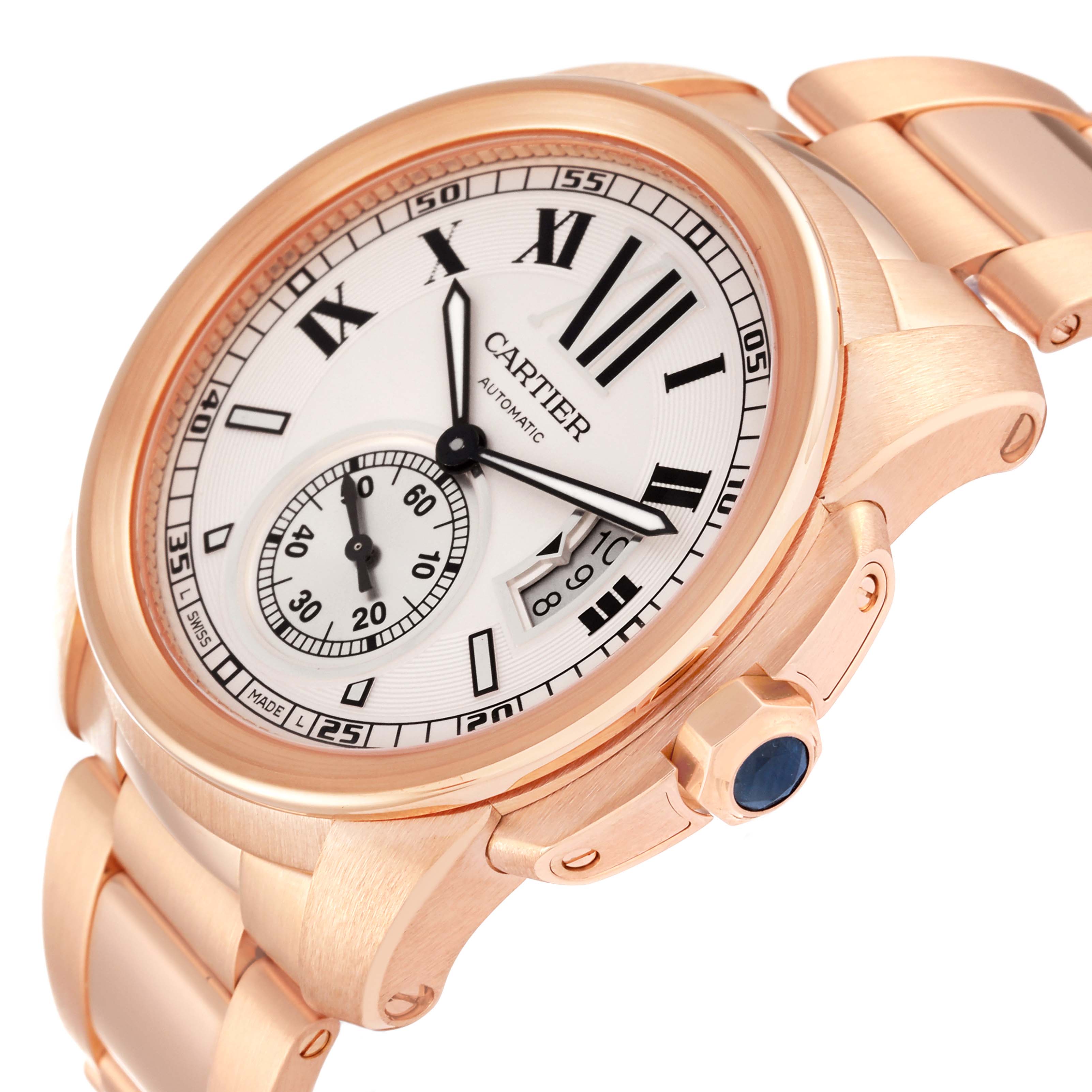 The image shows a Calibre de Cartier watch by Cartier at a slight angle, highlighting its face, bezel, crown, and part of the bracelet.