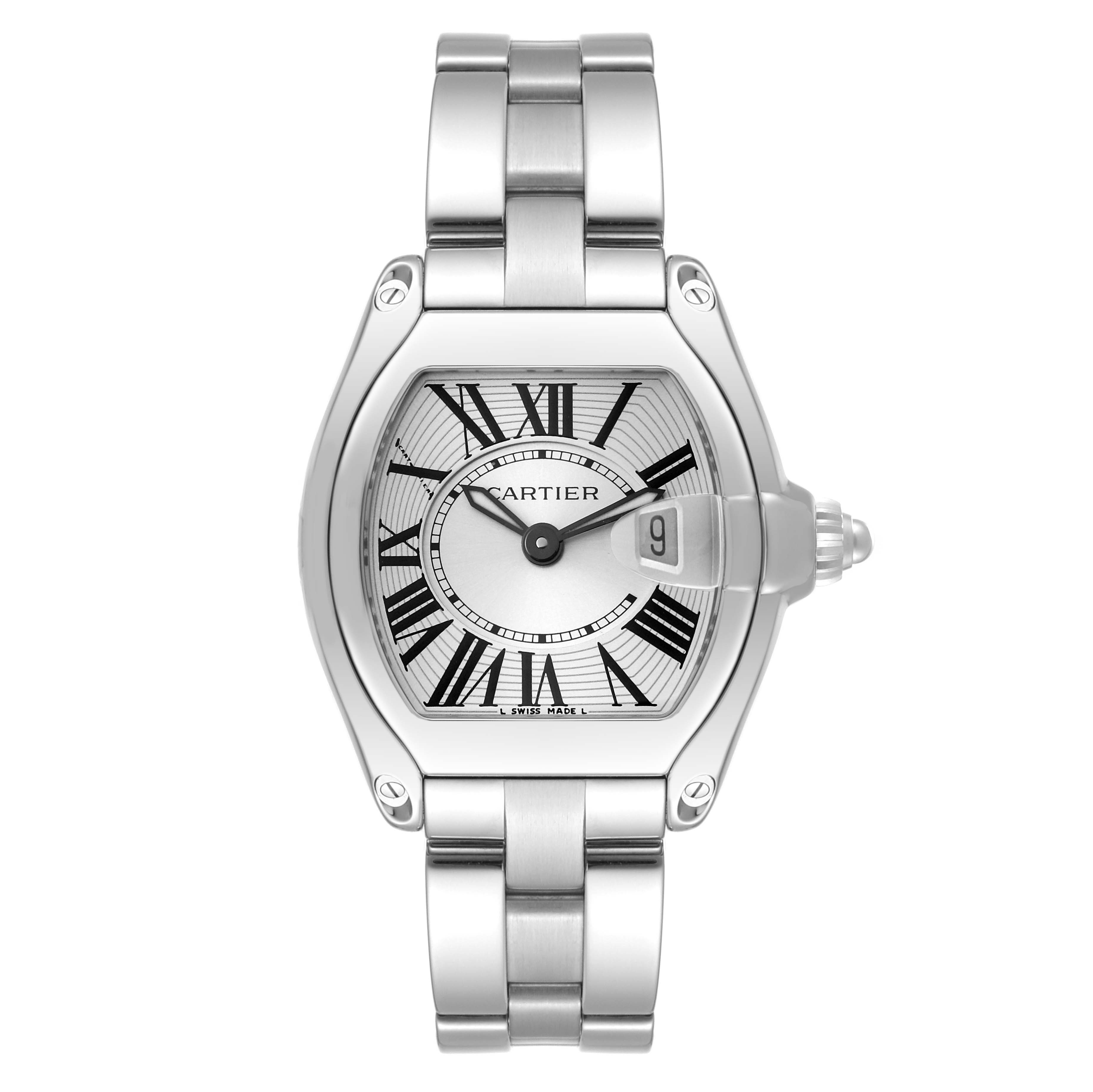 The image shows a front view of the Cartier Roadster W62016V3 Women
s Stainless Steel Silver Dial W62016V3 Women
s Stainless Steel Silver Dial watch, highlighting its dial, case, and bracelet.