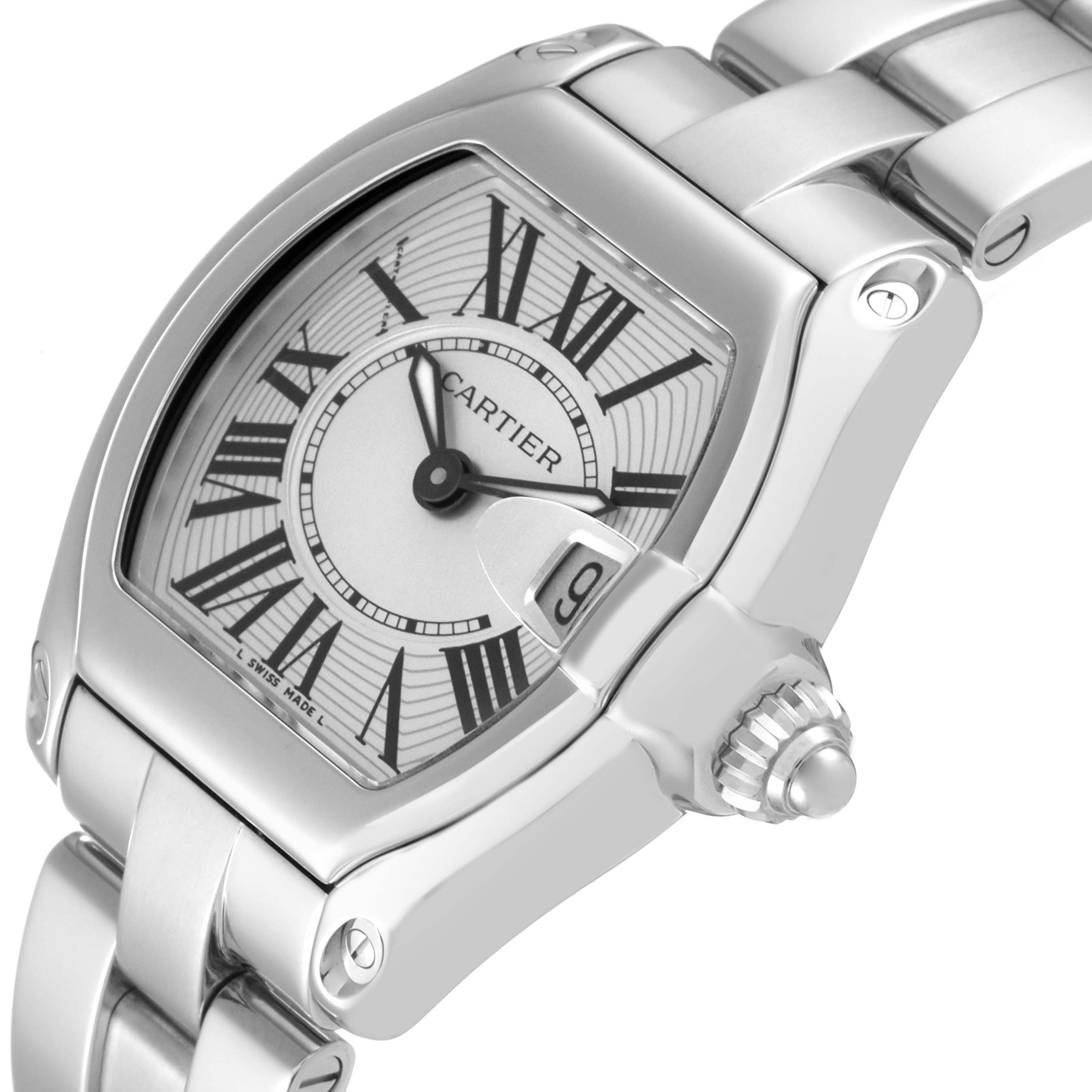 This image shows a close-up angle of the Cartier Roadster W62016V3 Women
s Stainless Steel Silver Dial W62016V3 Women
s Stainless Steel Silver Dial watch, highlighting the dial, crown, and part of the bracelet.