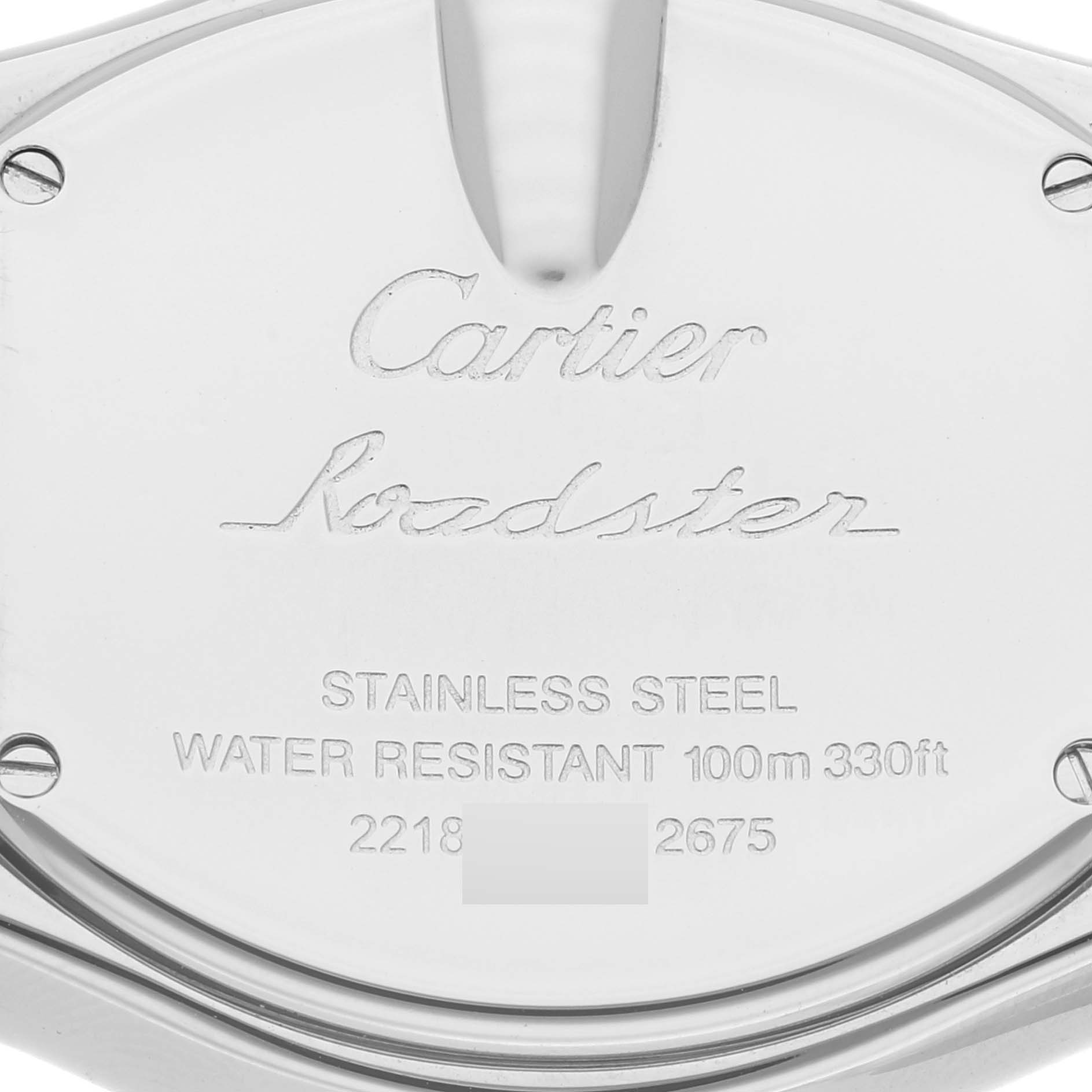 This image shows the back case of a Cartier Roadster W62016V3 Women
s Stainless Steel Silver Dial W62016V3 Women
s Stainless Steel Silver Dial watch, highlighting the model name and water resistance.