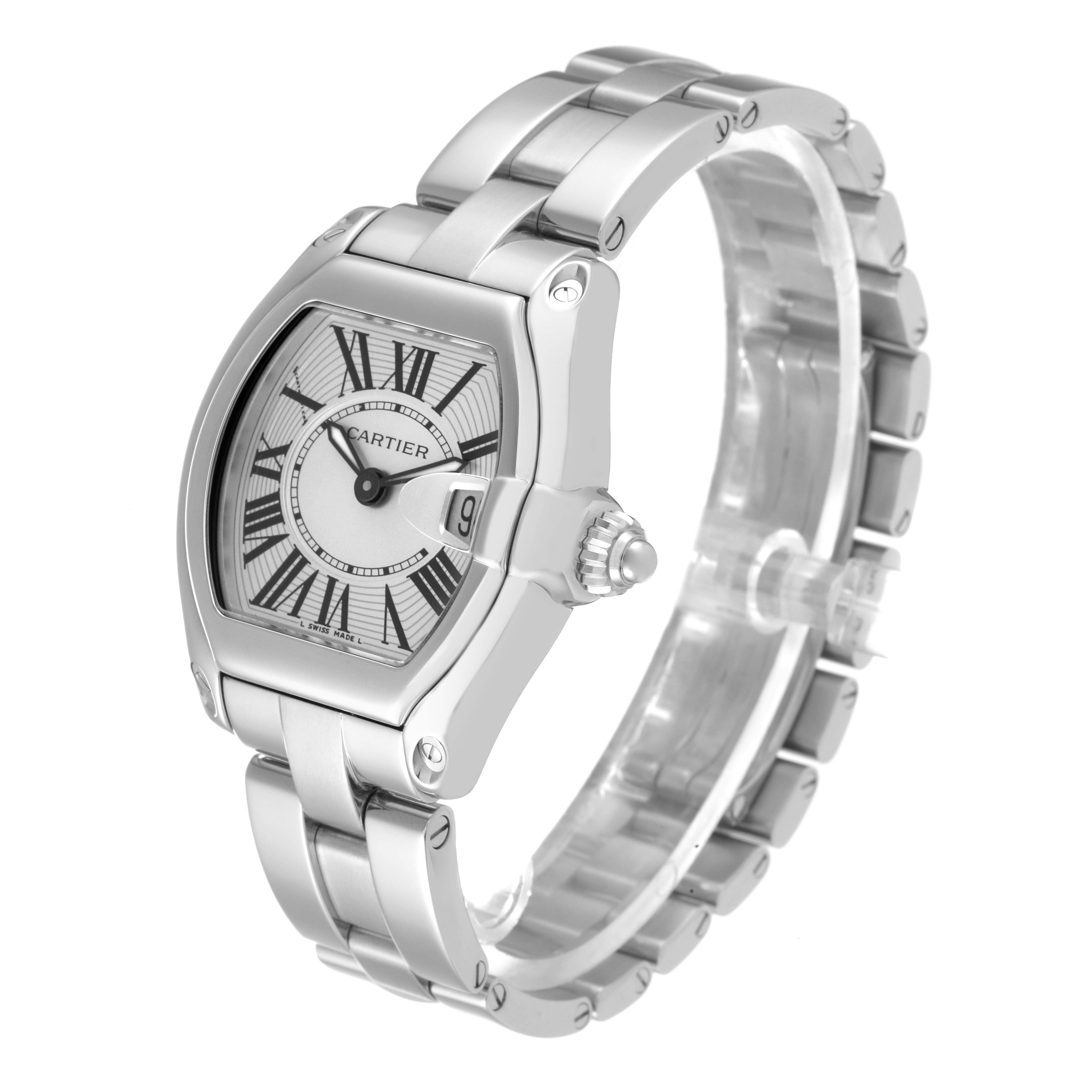 This image shows a Cartier Roadster W62016V3 Women
s Stainless Steel Silver Dial W62016V3 Women
s Stainless Steel Silver Dial watch from an angled side view, highlighting the case, dial, crown, and bracelet.