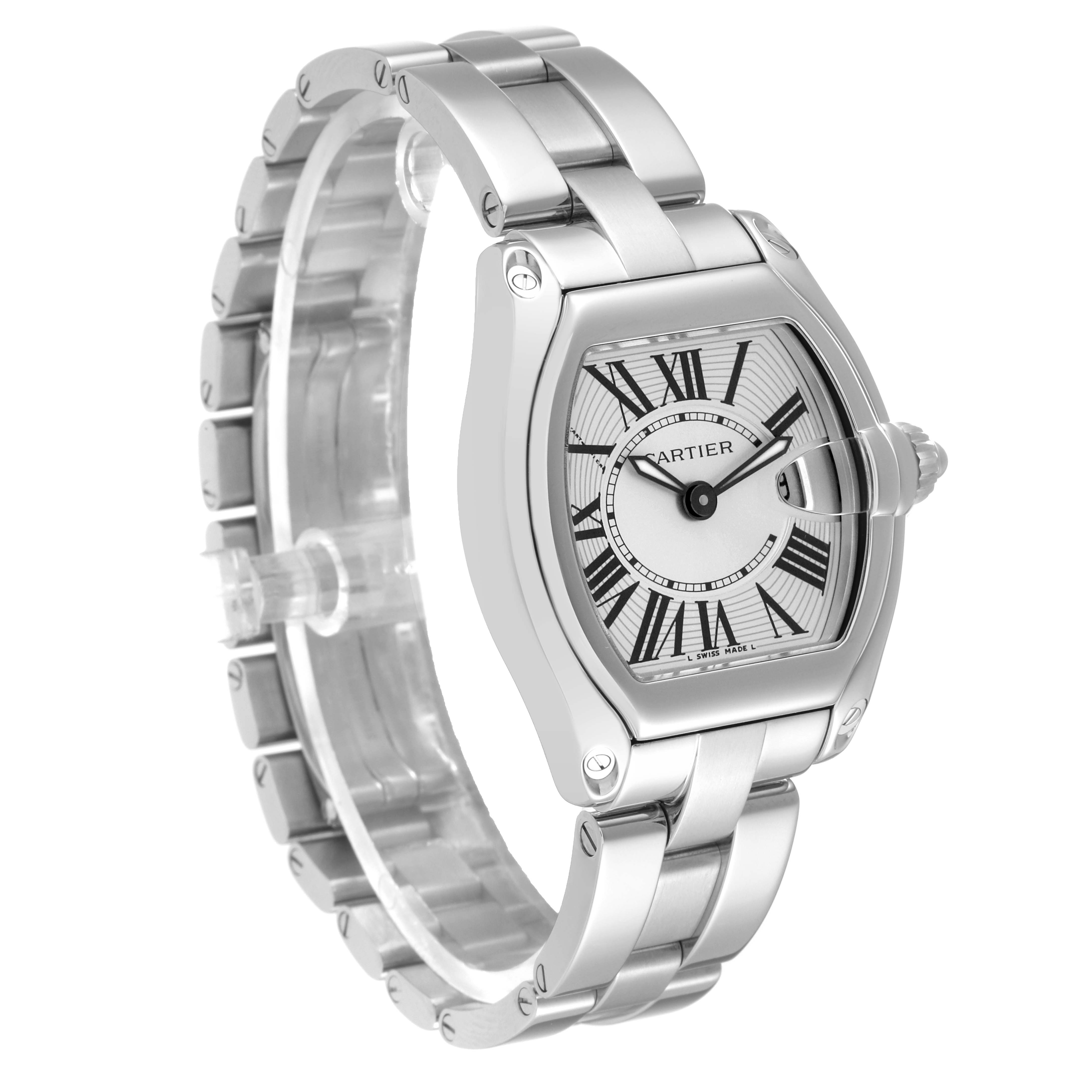 This image shows a Cartier Roadster W62016V3 Women
s Stainless Steel Silver Dial W62016V3 Women
s Stainless Steel Silver Dial watch at a three-quarter angle highlighting its face and metal bracelet.