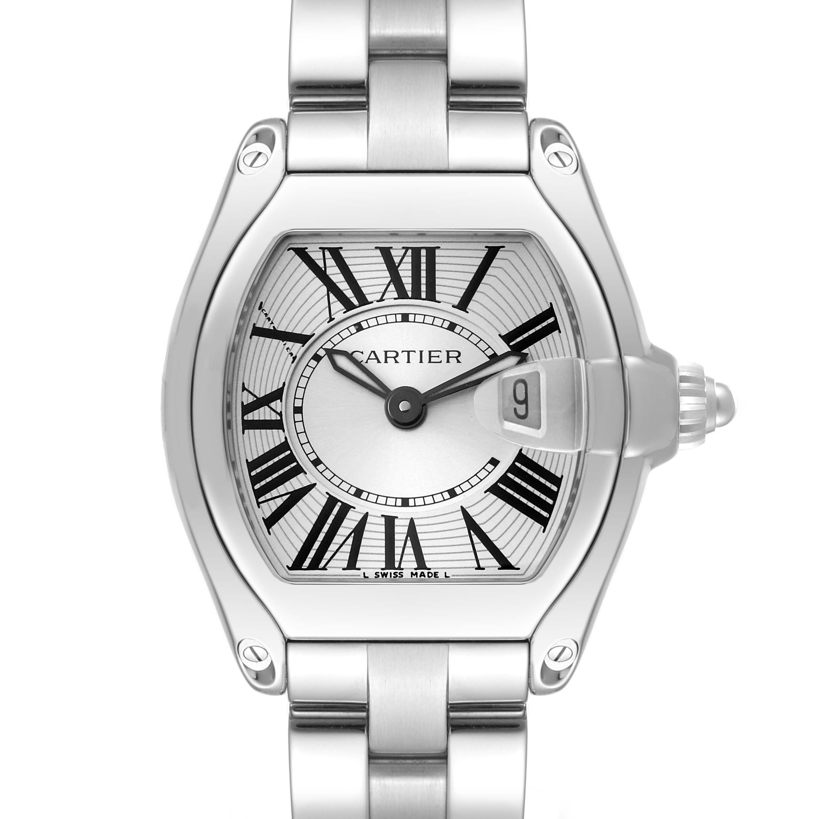 This image shows a Cartier Roadster W62016V3 Women
s Stainless Steel Silver Dial W62016V3 Women
s Stainless Steel Silver Dial watch head-on, highlighting the dial, hands, crown, and part of the bracelet.