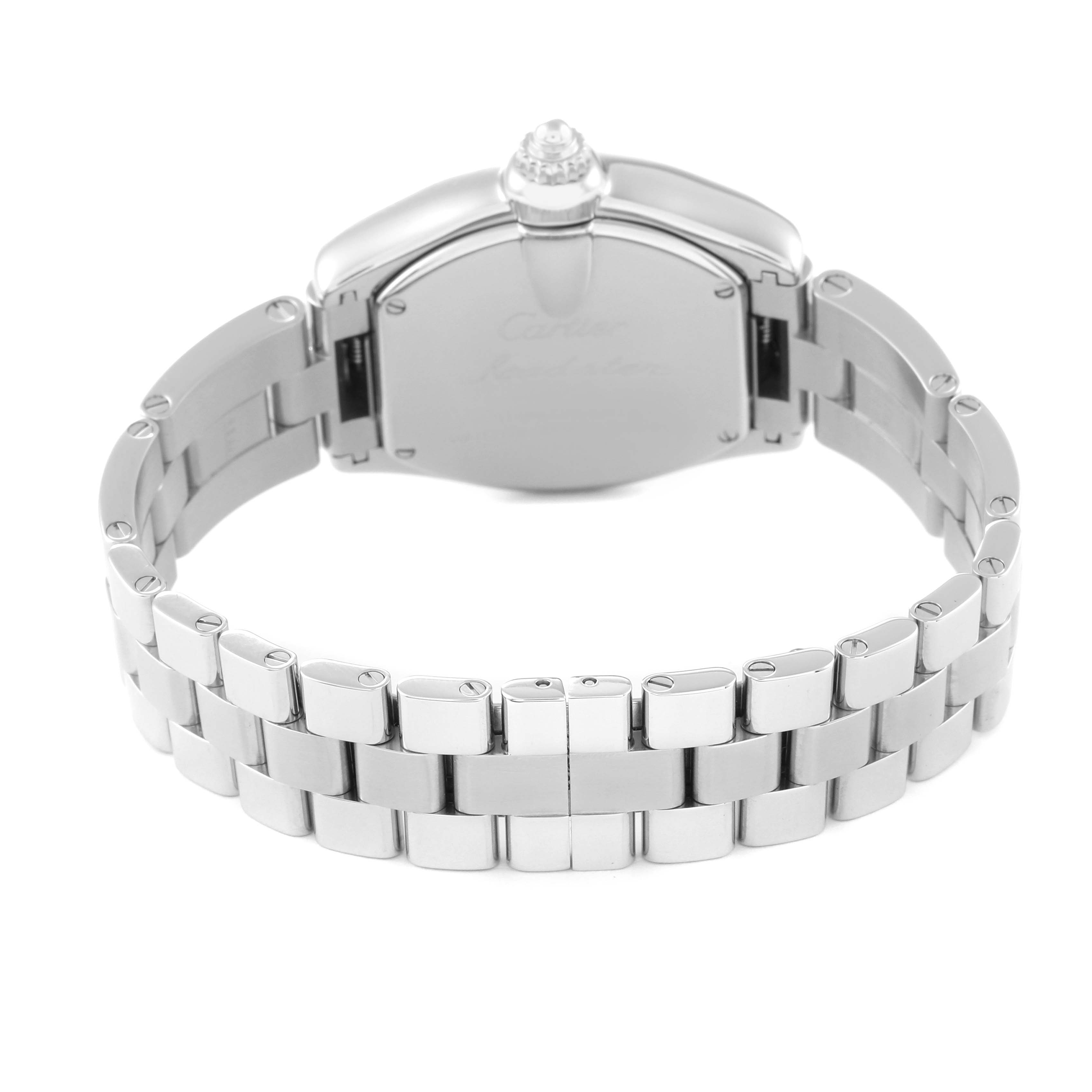 The image shows the back view of the Cartier Roadster W62016V3 Women
s Stainless Steel Silver Dial W62016V3 Women
s Stainless Steel Silver Dial watch, highlighting its bracelet and clasp.