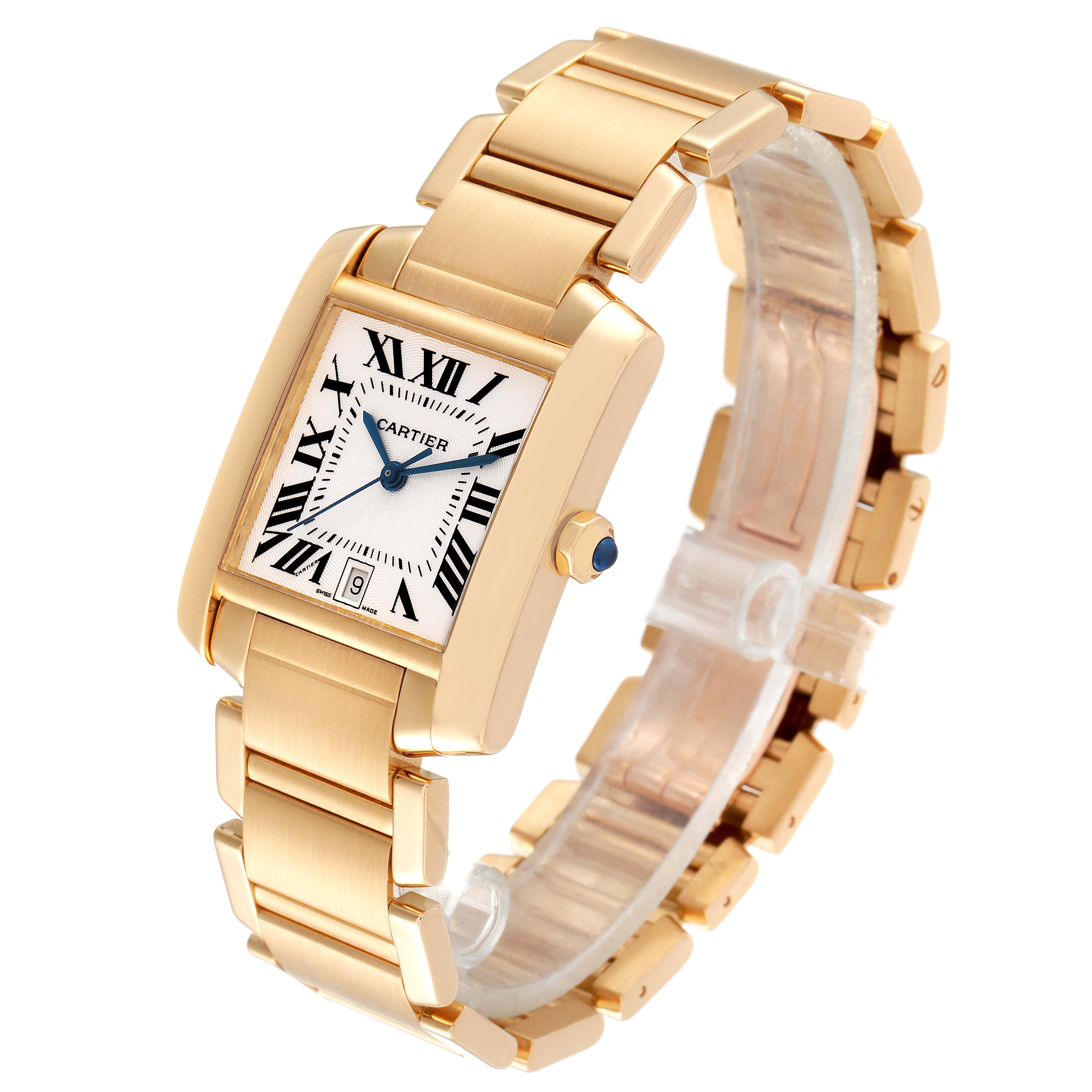The Cartier Tank Francaise W50001R2 Men's Yellow Gold Silver Dial W50001R2 Men's Yellow Gold Silver Dial watch is shown at a three-quarter angle, displaying the face, bezel, bracelet, and crown.