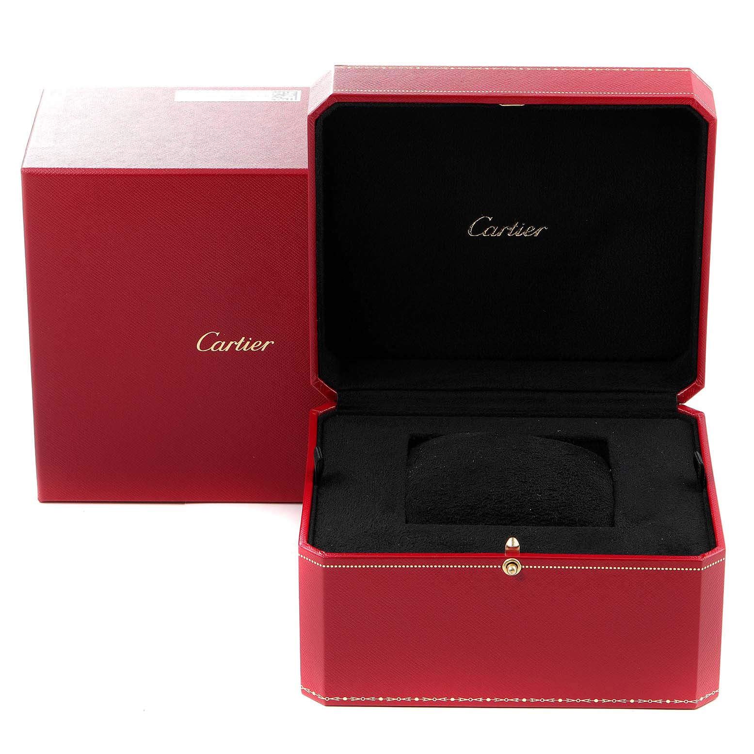The image shows the red Cartier watch box for the Tank Francaise model, with the box opened to reveal a black interior.
