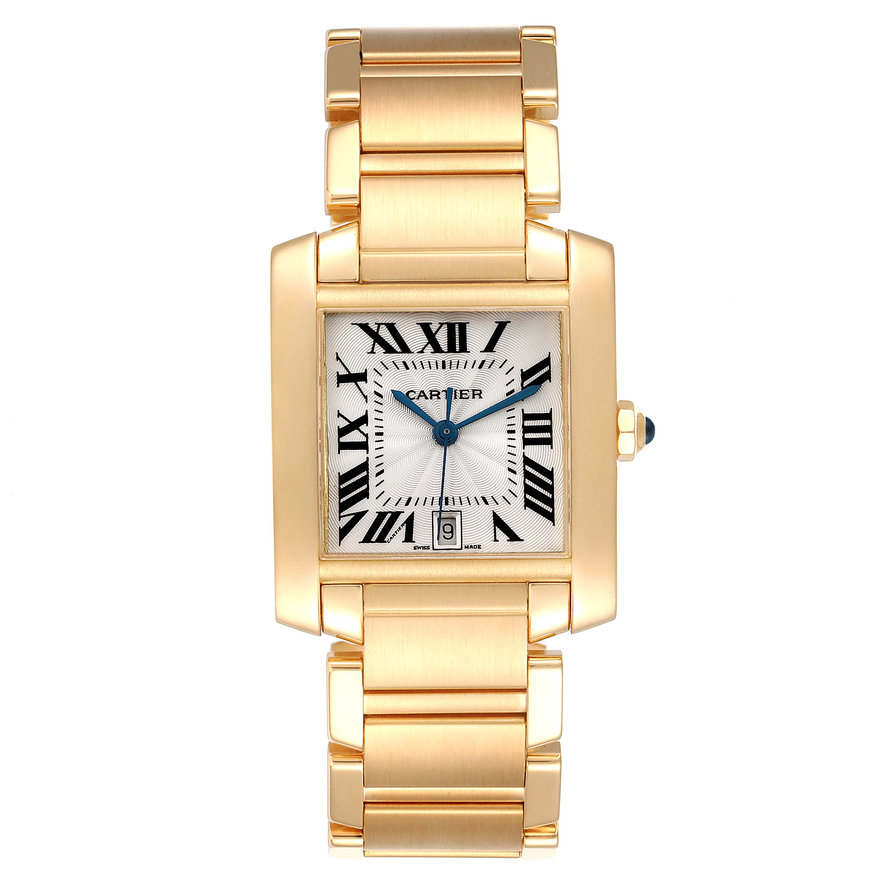 The image shows a front view of a Cartier Tank Française watch with a gold bracelet and Roman numeral dial.