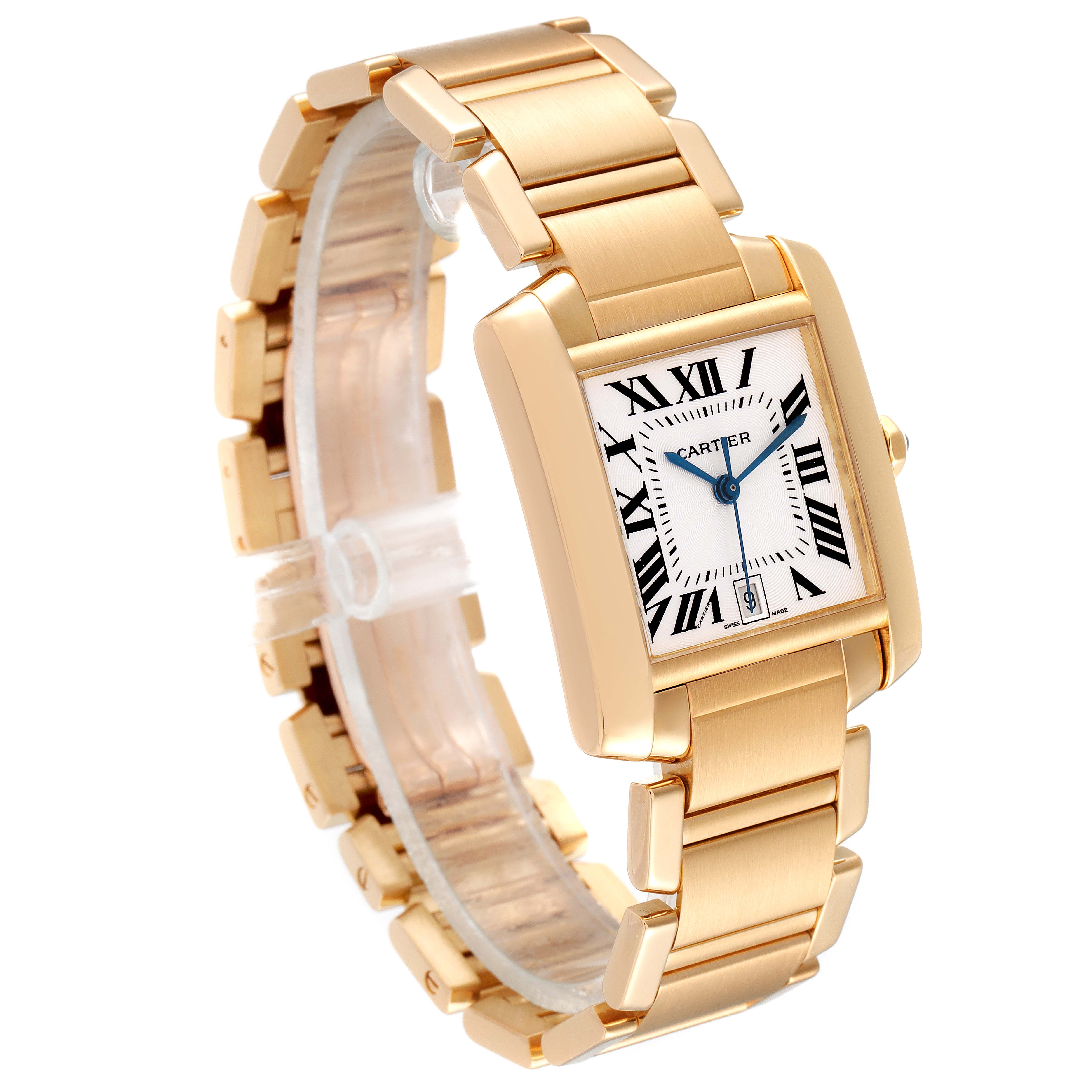 The Cartier Tank Française watch is shown at an angle displaying the rectangular face, the bracelet, and part of the clasp.