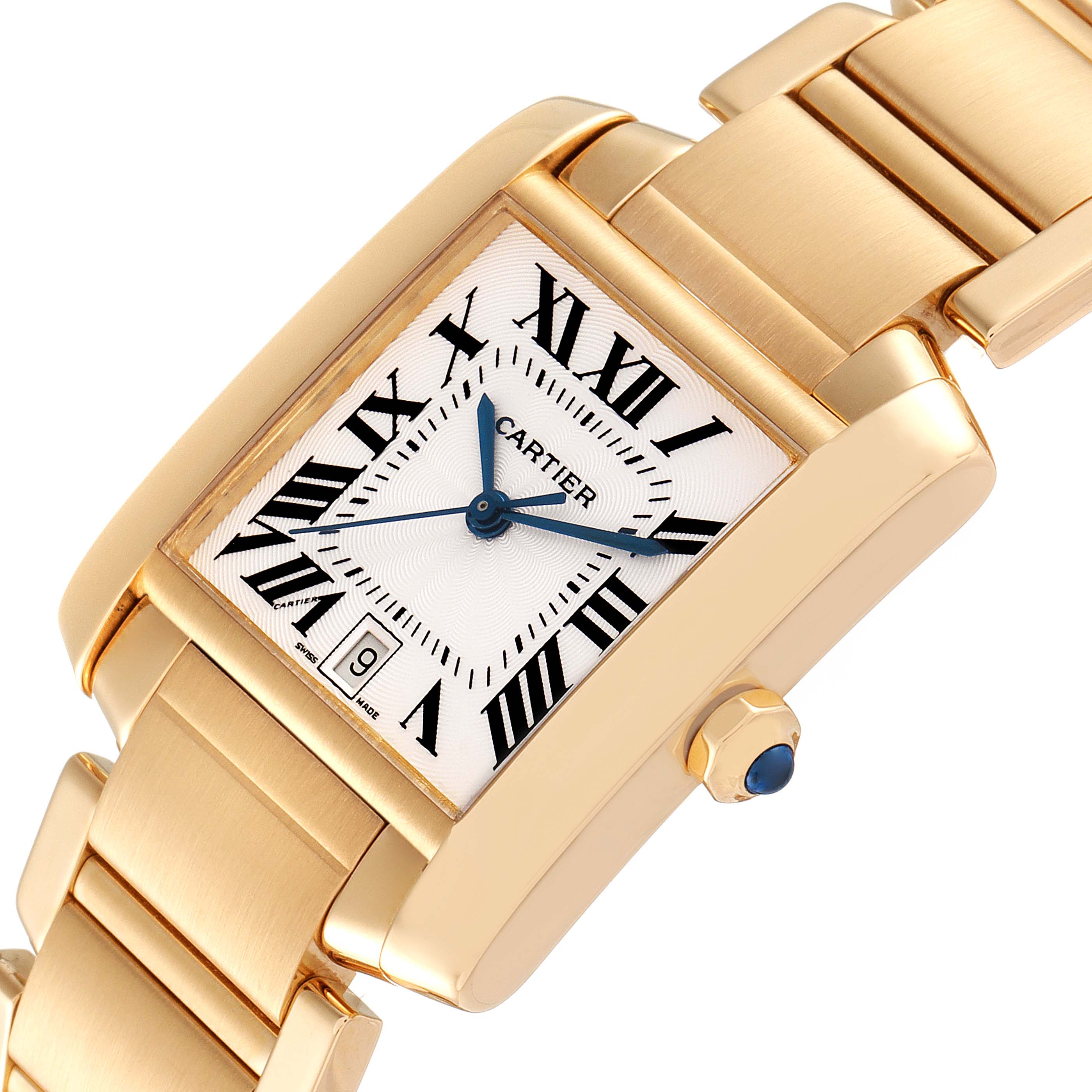 The image shows a close-up angle of the face and bracelet of the Cartier Tank Française watch.