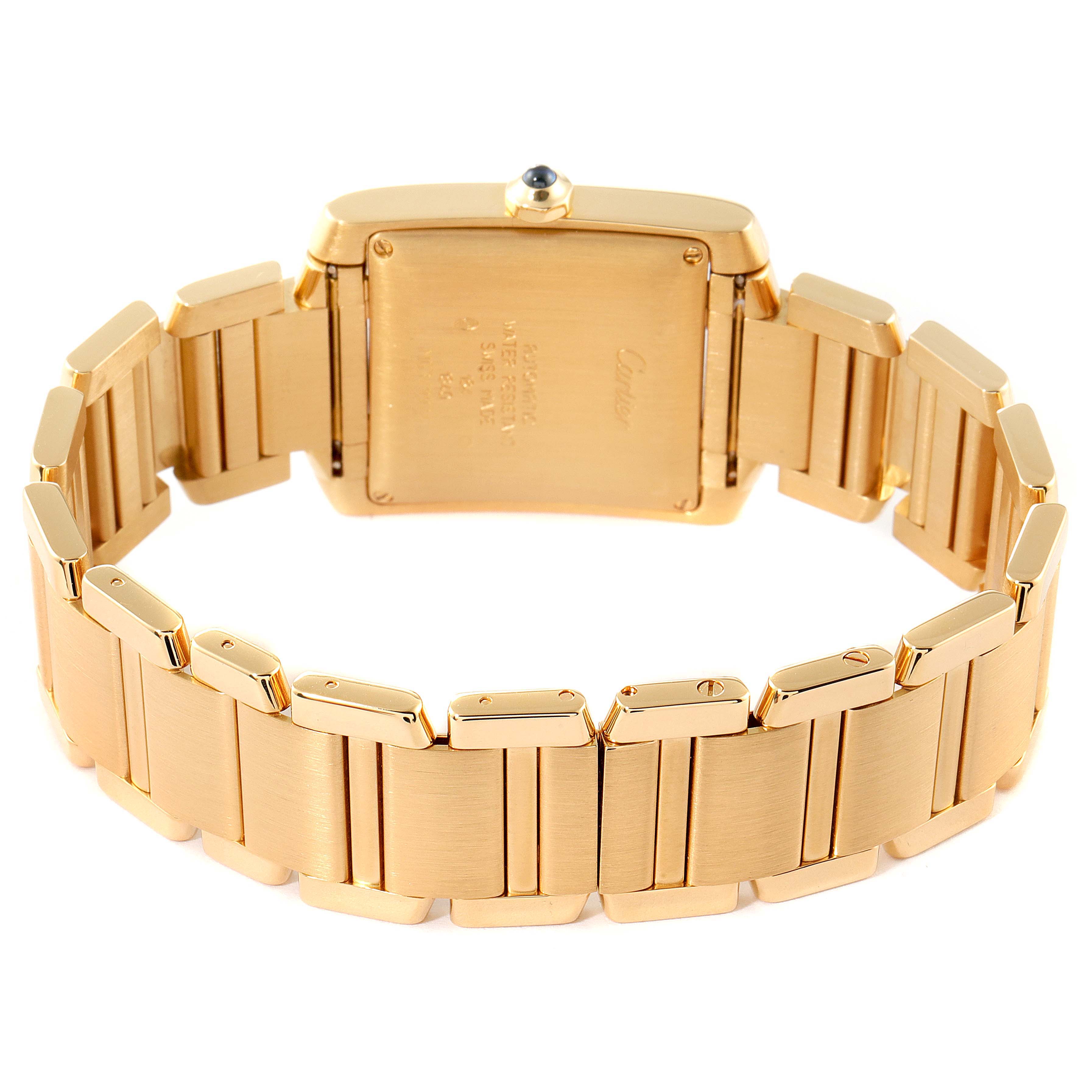 The image shows the back view of the Cartier Tank Francaise W50001R2 Men's Yellow Gold Silver Dial W50001R2 Men's Yellow Gold Silver Dial watch, highlighting its gold case and the linked bracelet.