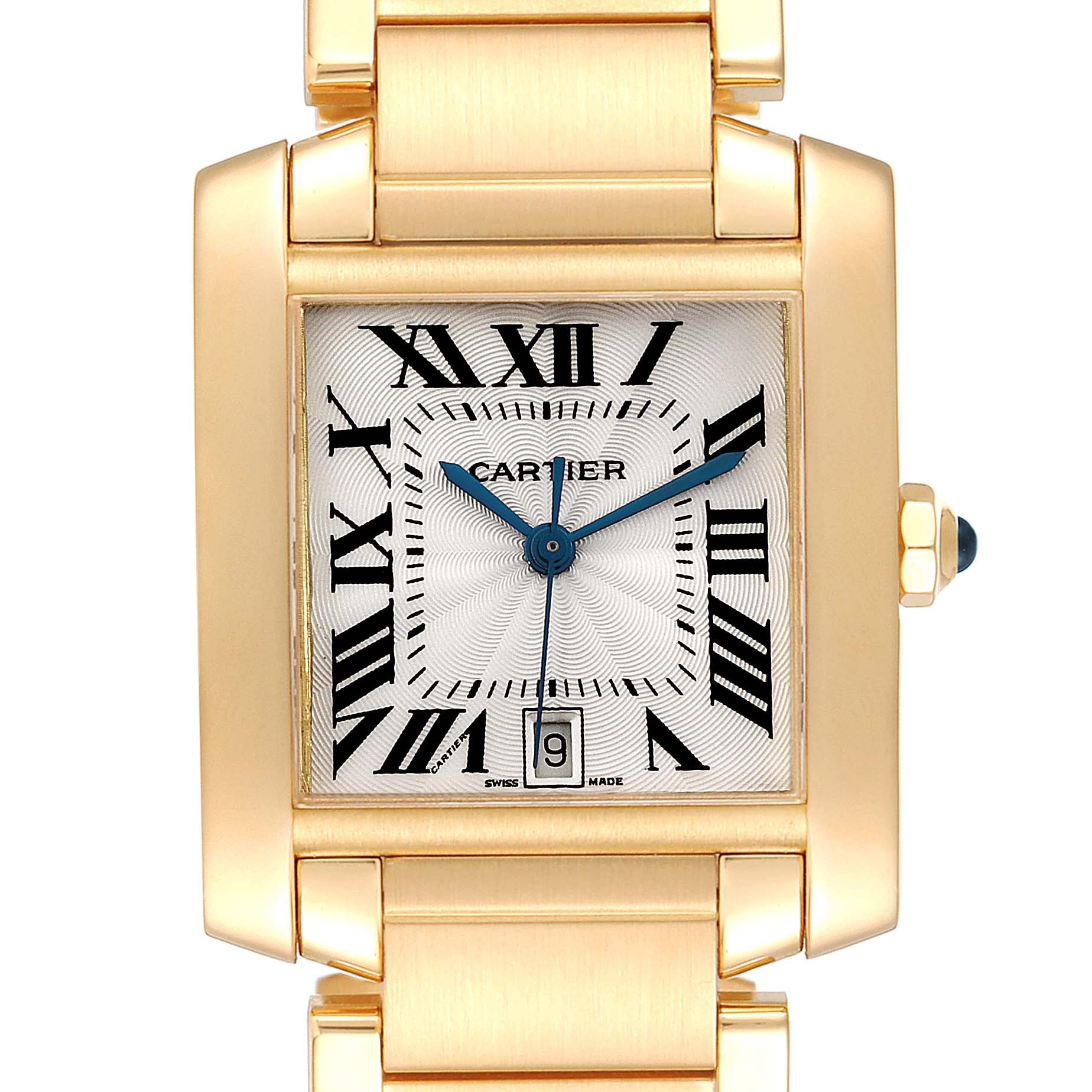 This image shows a frontal view of a Cartier Tank Francaise W50001R2 Men's Yellow Gold Silver Dial W50001R2 Men's Yellow Gold Silver Dial watch, highlighting the face, case, crown, and part of the bracelet.