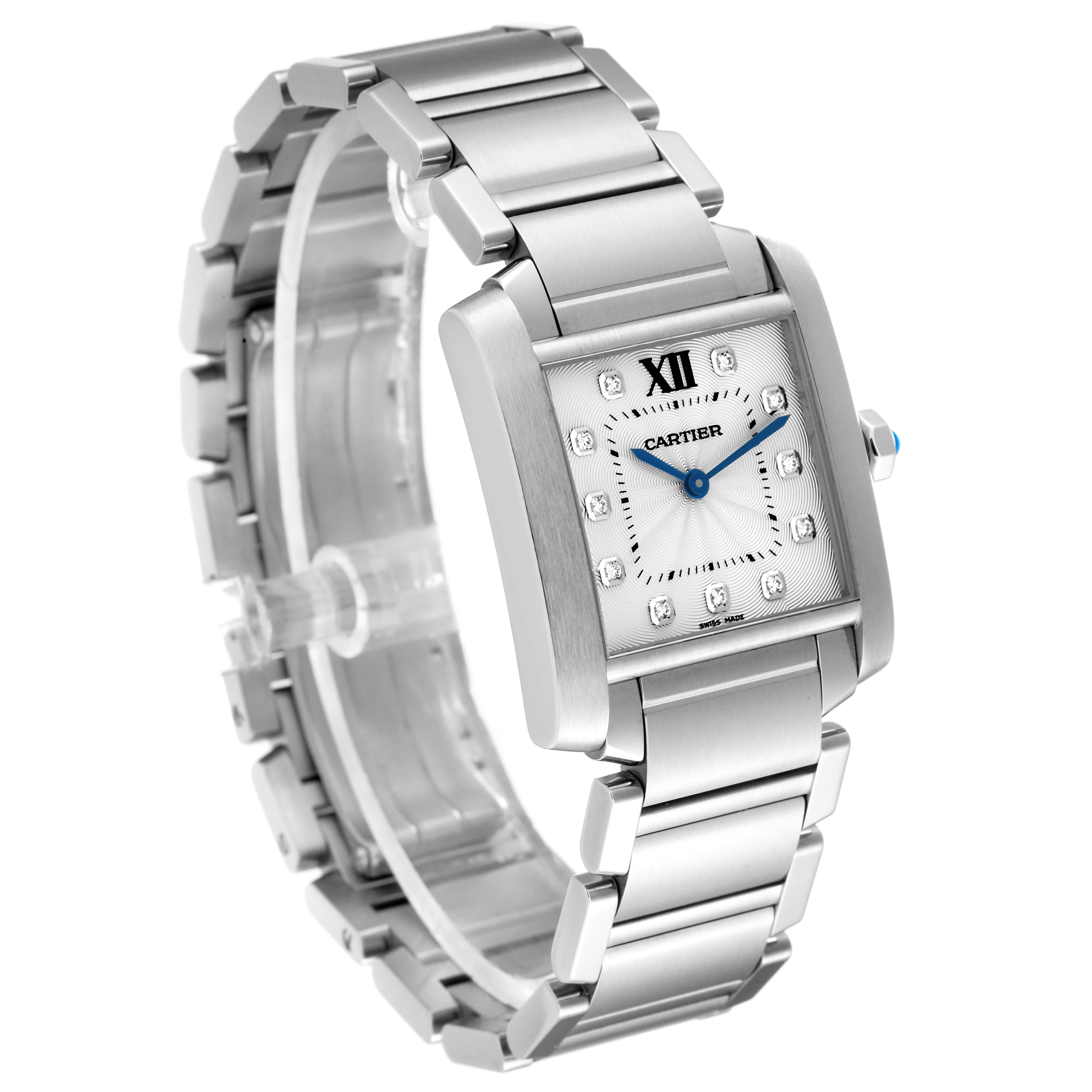 The image shows a Cartier Tank Francaise WE110007 Women's Stainless Steel Silver Dial WE110007 Women's Stainless Steel Silver Dial watch angled slightly from the front-left, highlighting its face, bracelet, and crown.