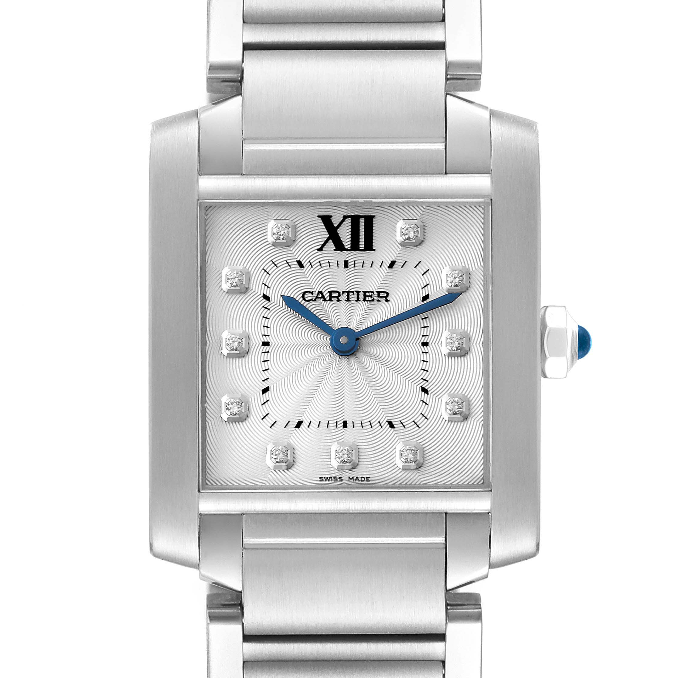This image shows a frontal view of the Cartier Tank Française watch face and part of its metal bracelet.