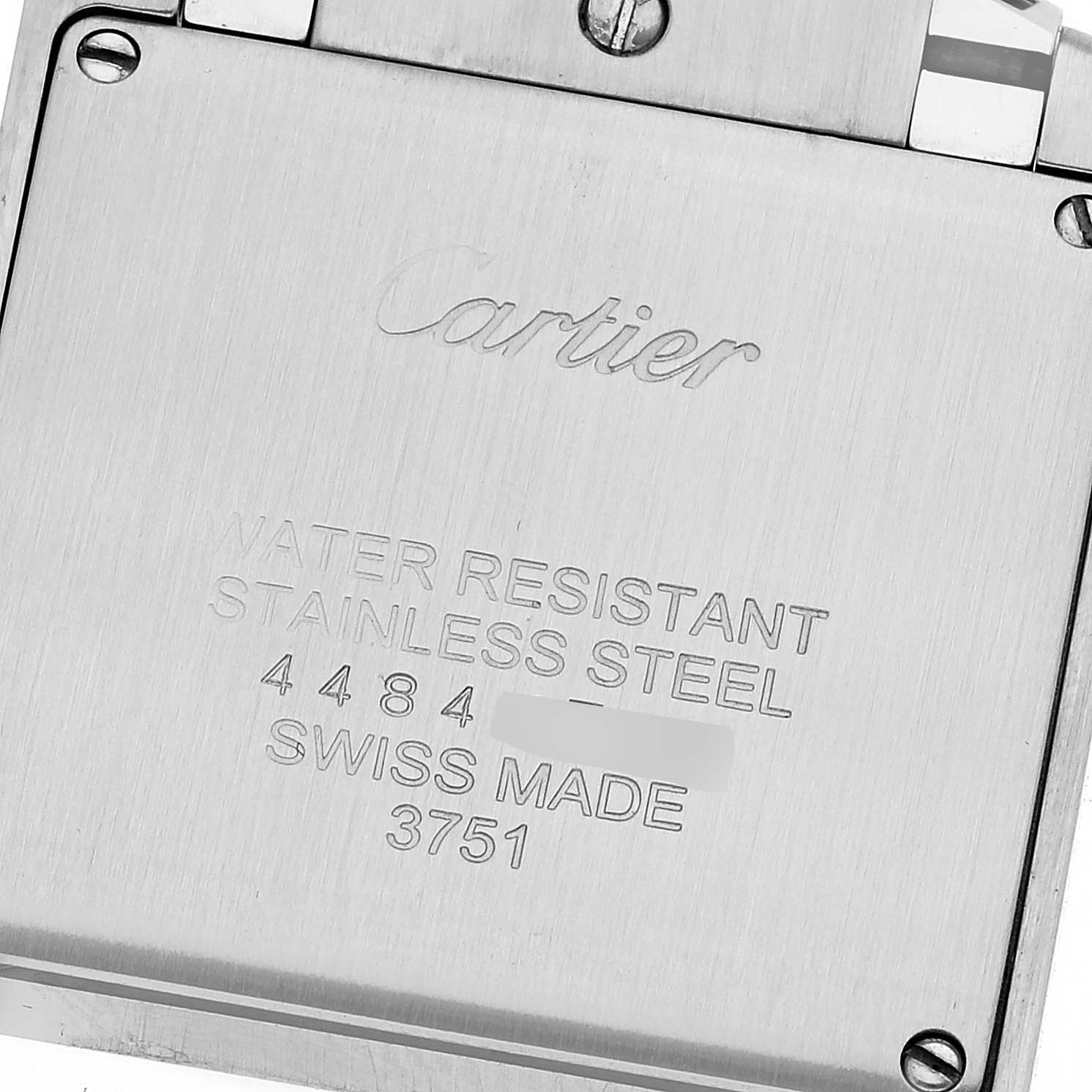 The image shows the back case of a Tank Francaise model by Cartier, featuring engraved specifications.