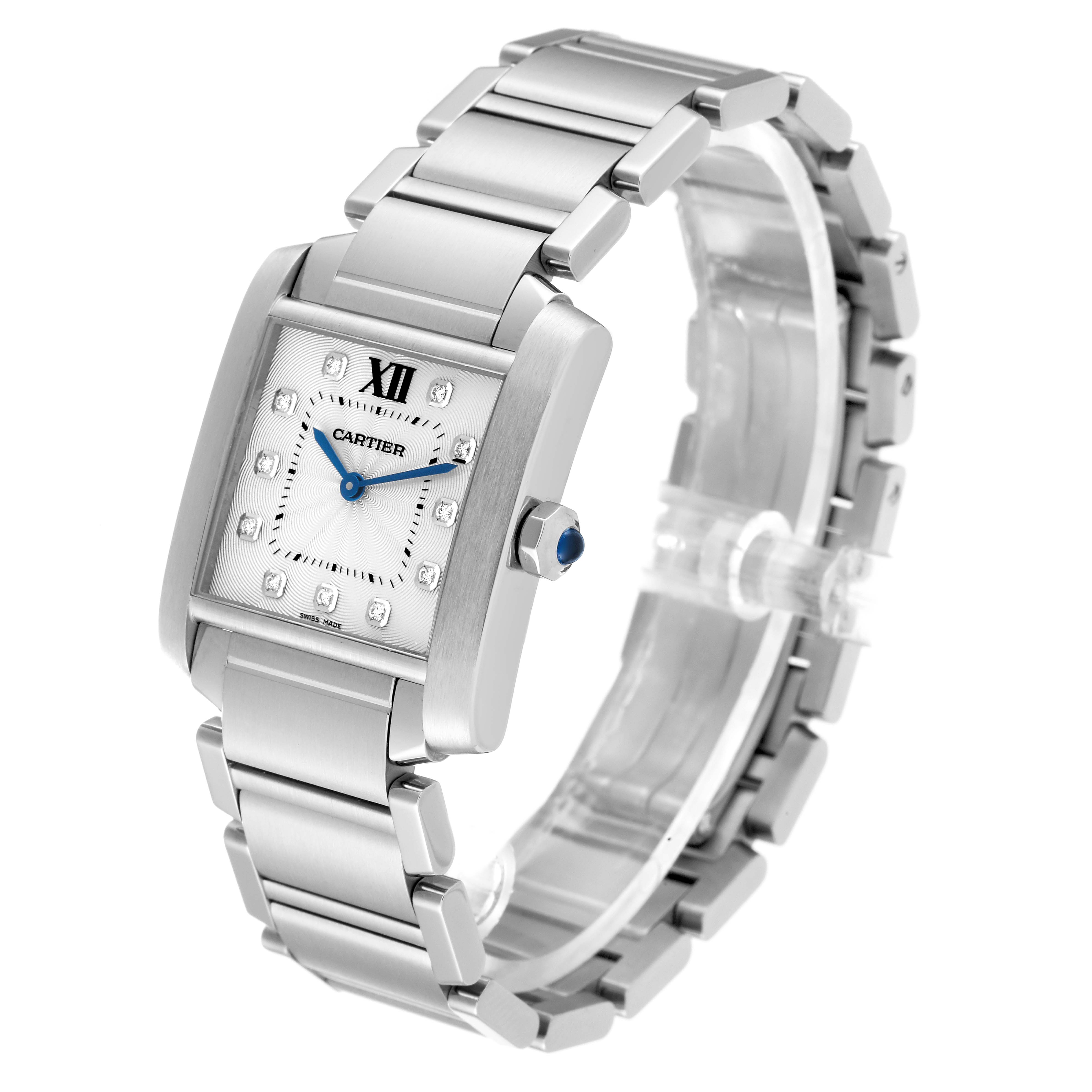 The Cartier Tank Francaise WE110007 Women's Stainless Steel Silver Dial WE110007 Women's Stainless Steel Silver Dial watch is shown from a three-quarter angle, highlighting its square face and metal bracelet.